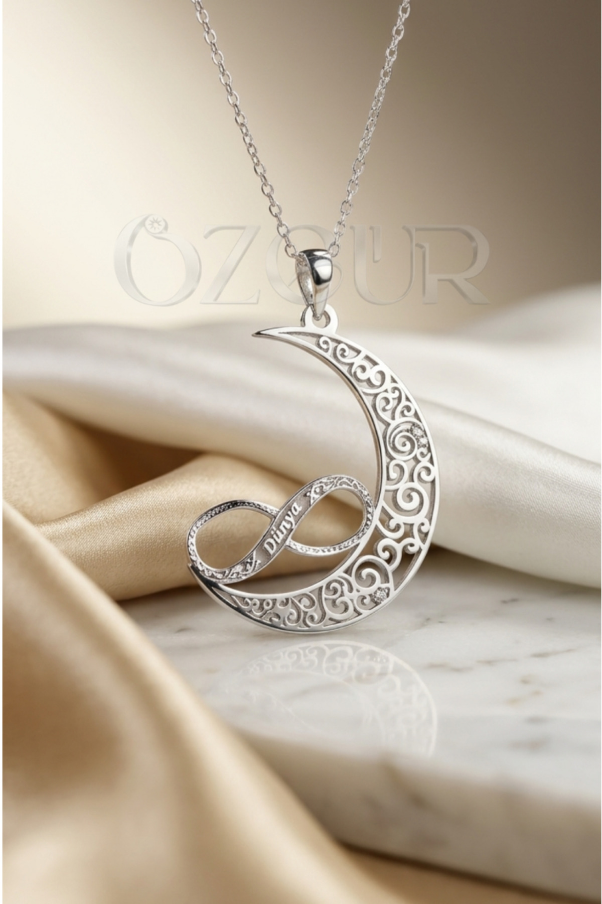 925 Ayar Gümüş İsimli, Sonsuzluk ve Hilal Figürlü Kolye - Gümüş / 40 cm