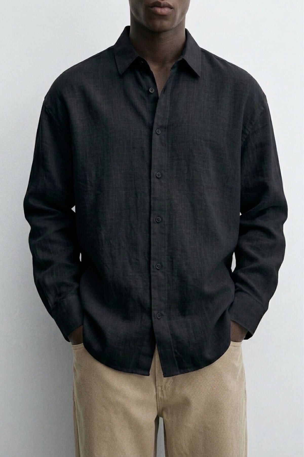 The Champ Clothing Men's Linen Shirt Monarch Line Black – Long Sleeve, Buttoned, Modern Relaxed Fit