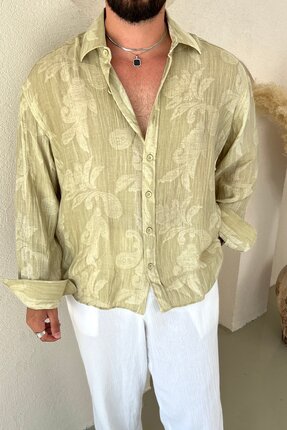 OUTFİT MAN Tril Oversize Kendinden Nakışlı Gömlek Mint