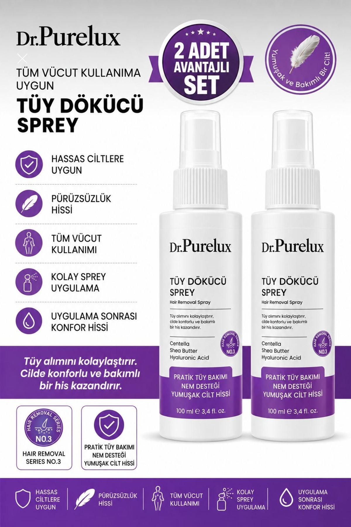 Dr.Pure Lux Cosmetic Hassas Ciltlere Uygun Tüy Dökücü Sprey – Pürüzsüz ve Yumuşak Cilt – Tüm Vücut Kullanıma Uygun 2 X 100 ml — no3x2set