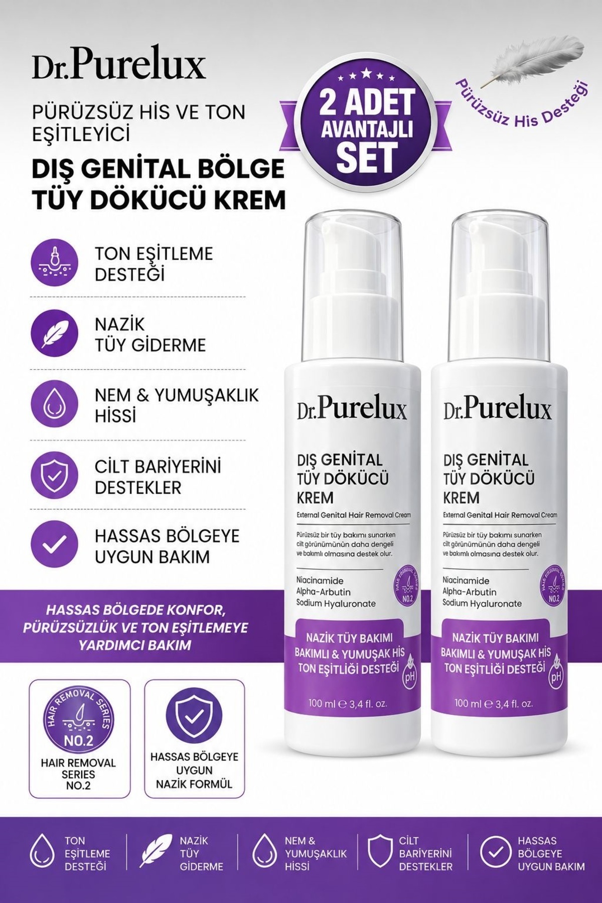 Dr.Pure Lux Cosmetic Dış Genital Bölge İçin Hassas Tüy Dökücü Krem – Pürüzsüz His ve Ton Eşitleyici 100 ml X 2 Adet — no2x2adet