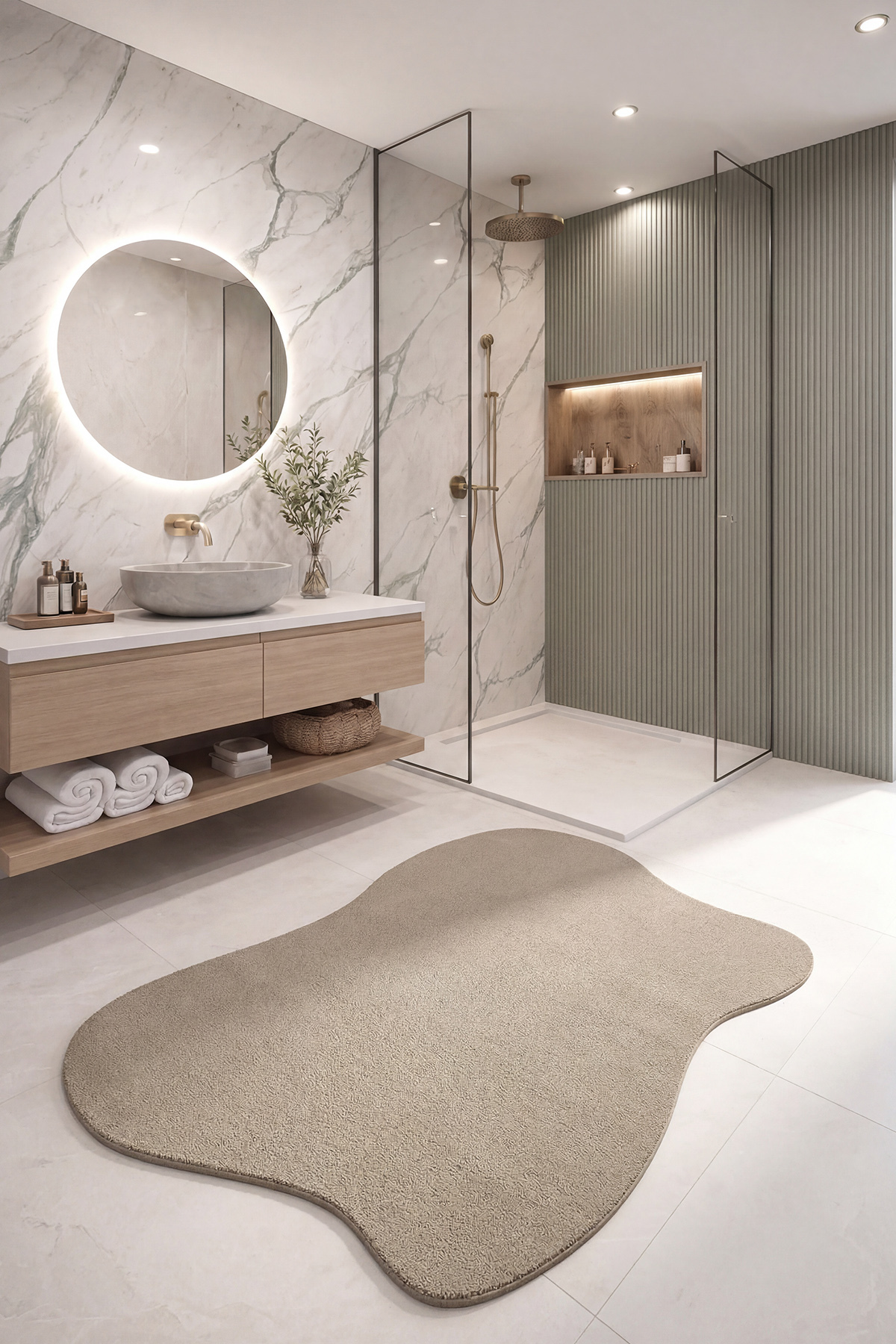 Puffy Beige Amorphous Bath Rug Organic Shaped Thick Plush Soft Shower Front Bath Mat (80x120)