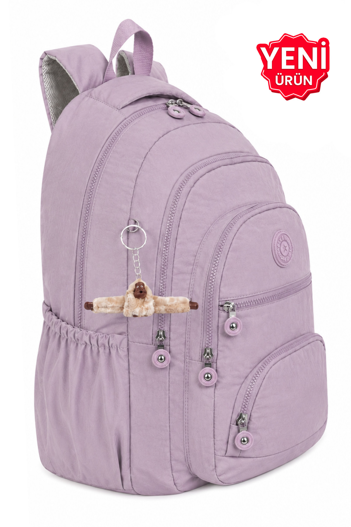Luxury And Multi Pockets Waterproof Crinkle School Bag, Crinkle Backpack Monkey Keychain Gift