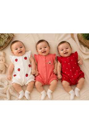 Bambino Unez Kız Bebek 3'lü Müslin Tulum Seti Çilek Nakışlı Tavşan Nakışlı Pu...