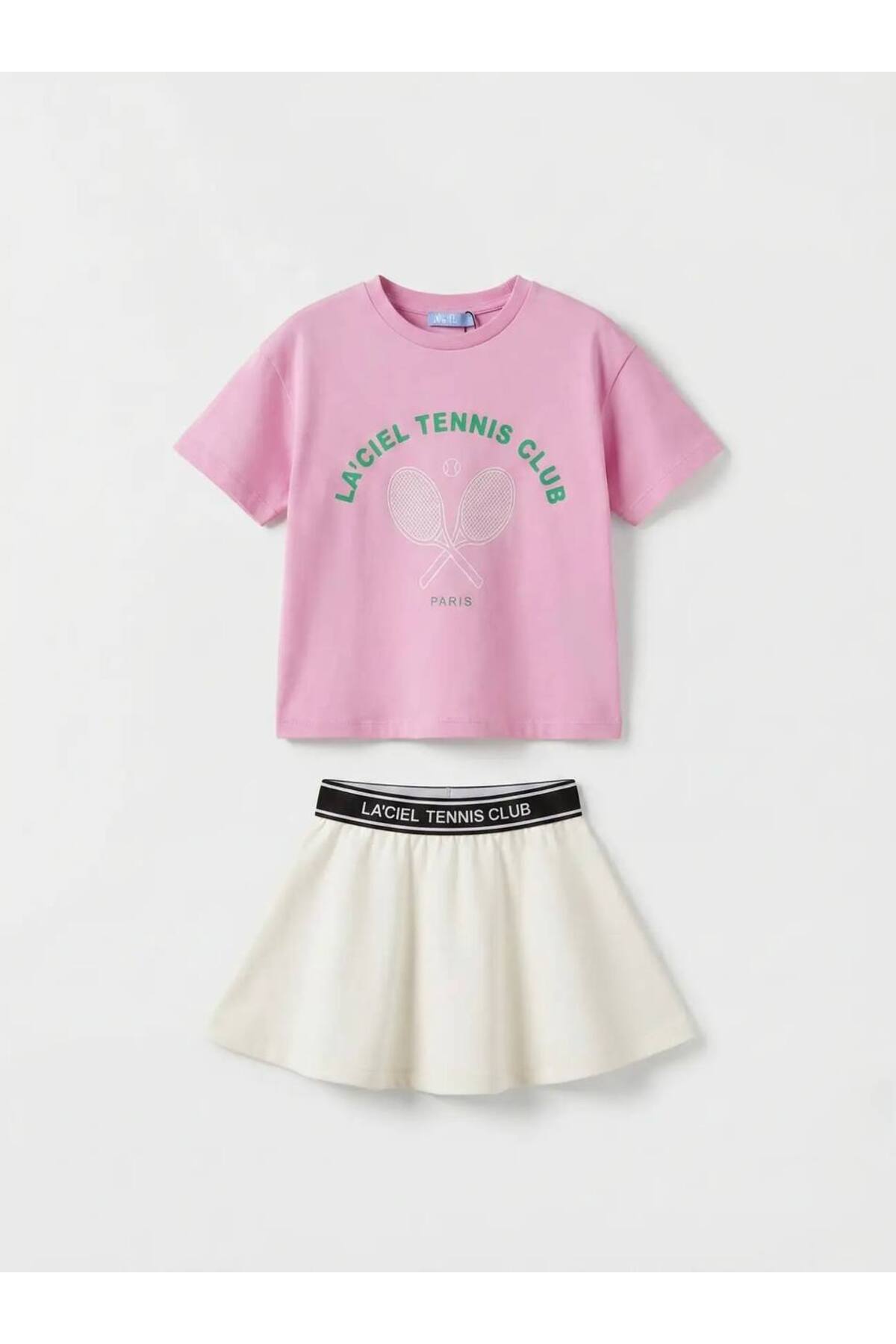 Kız Çocuk Tennis Club Baskılı Tişört ve Şort Etek Takımı Pembe-Beyaz