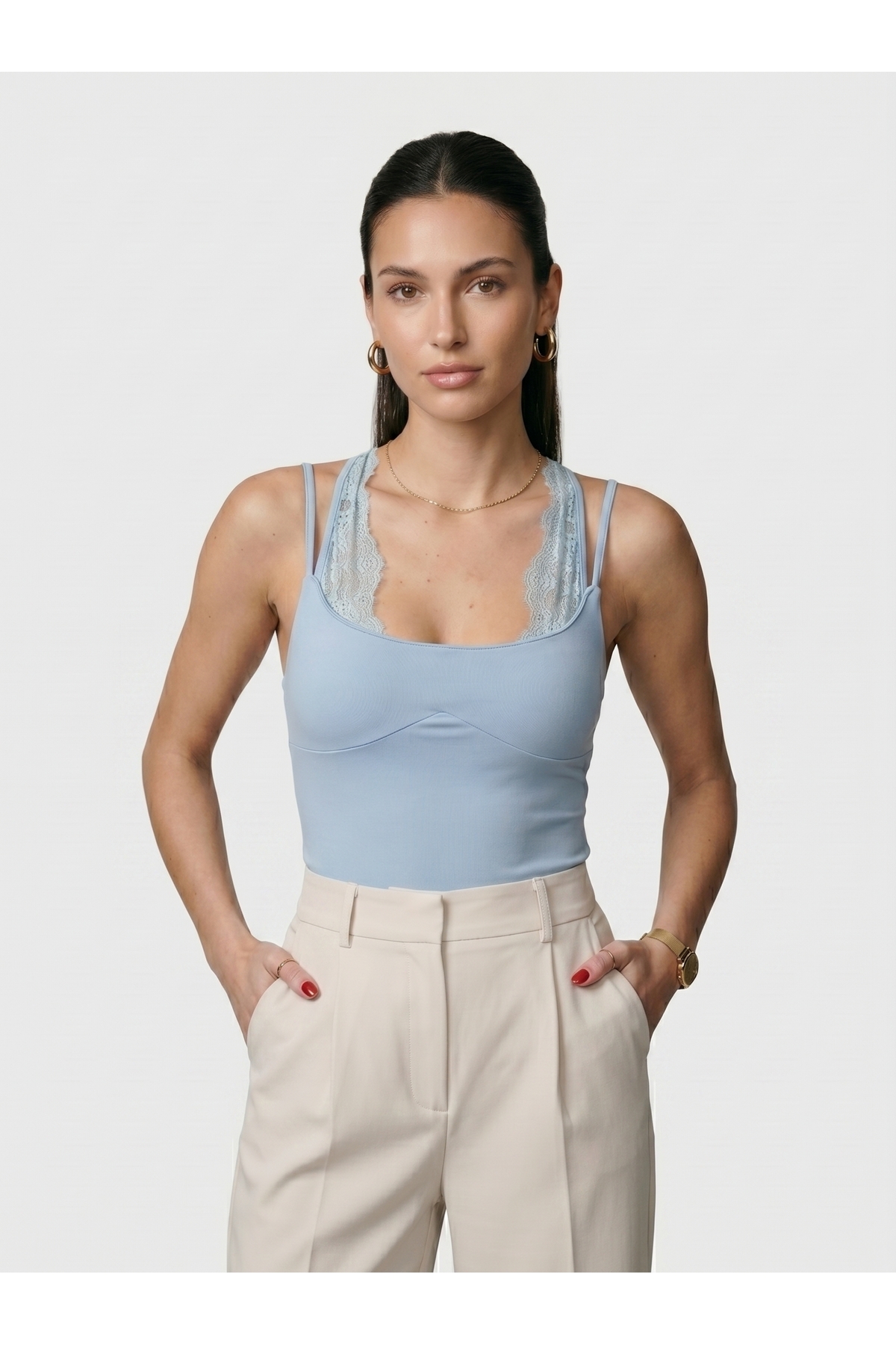 Kadın Dantel Yaka İnce Askılı Çıtçıtlı Body Slim Fit Dar Kalıp Likralı Bodysuit - Mavi
