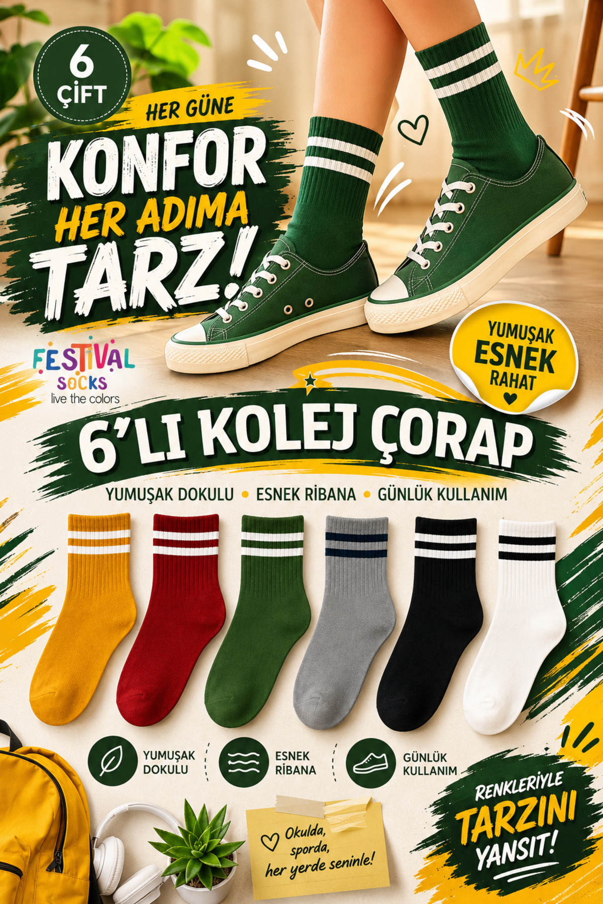 Festival Socks 6 Çift Çizgili Renkli Kolej Spor Çorap Seti Tenis çorap 6 Çift görsel 2