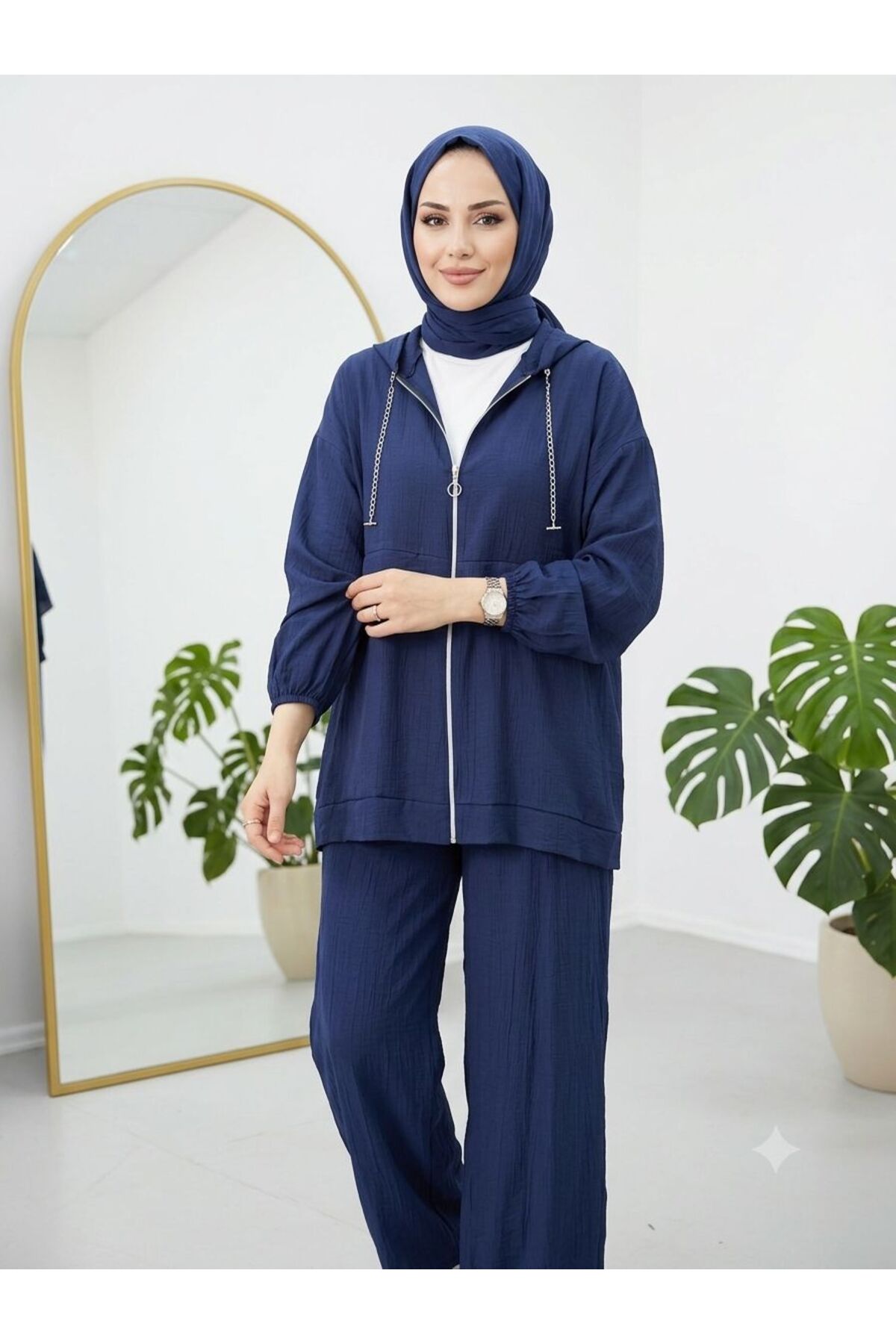 EC MODA Women's Hooded Zipper Detailed Jacquard Pants Hijab Set