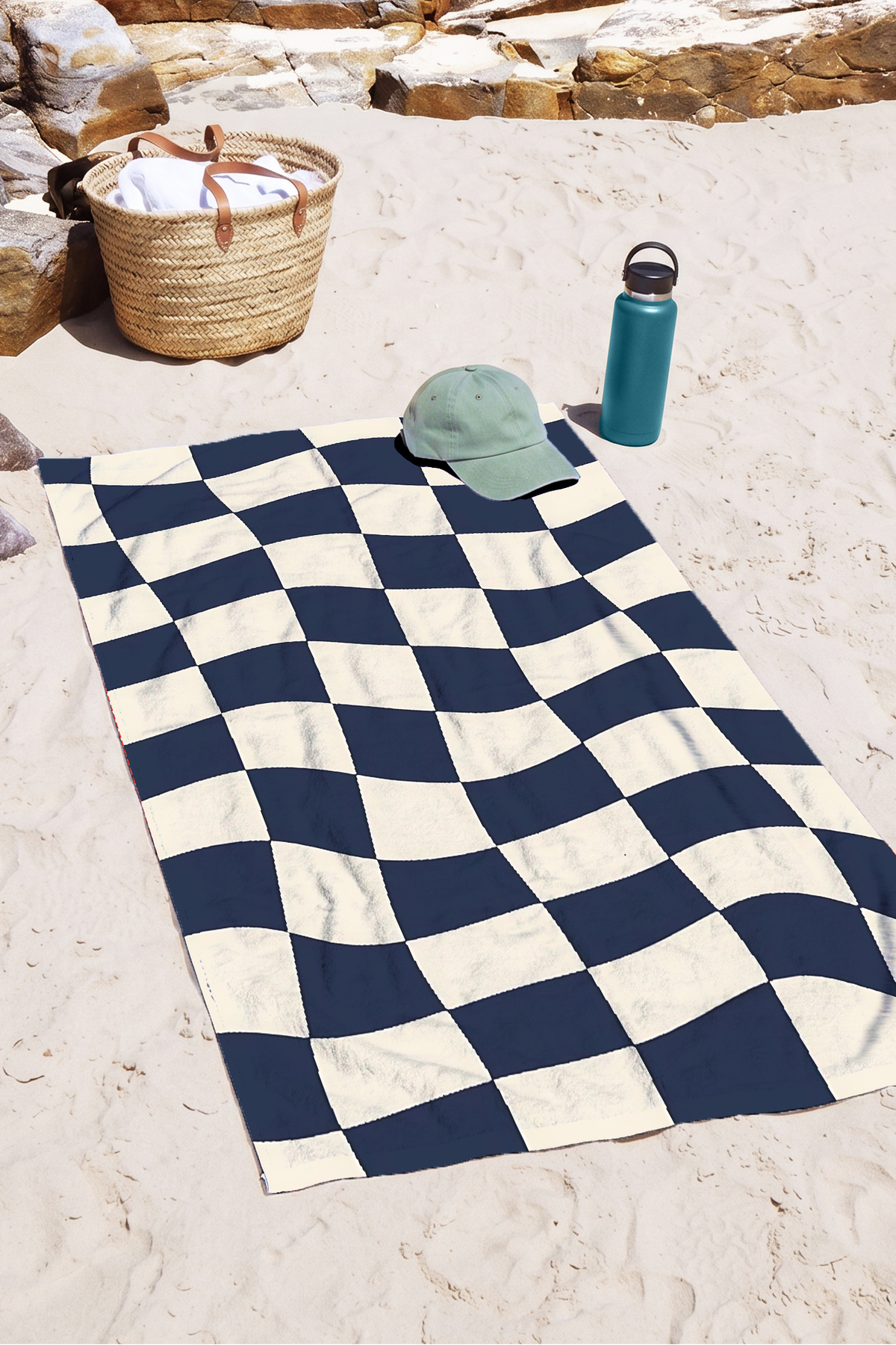 Checkered Wavy Modern Beach Towel - Navy Blue Ecru Minimalist Fast Drying Microfiber Towel