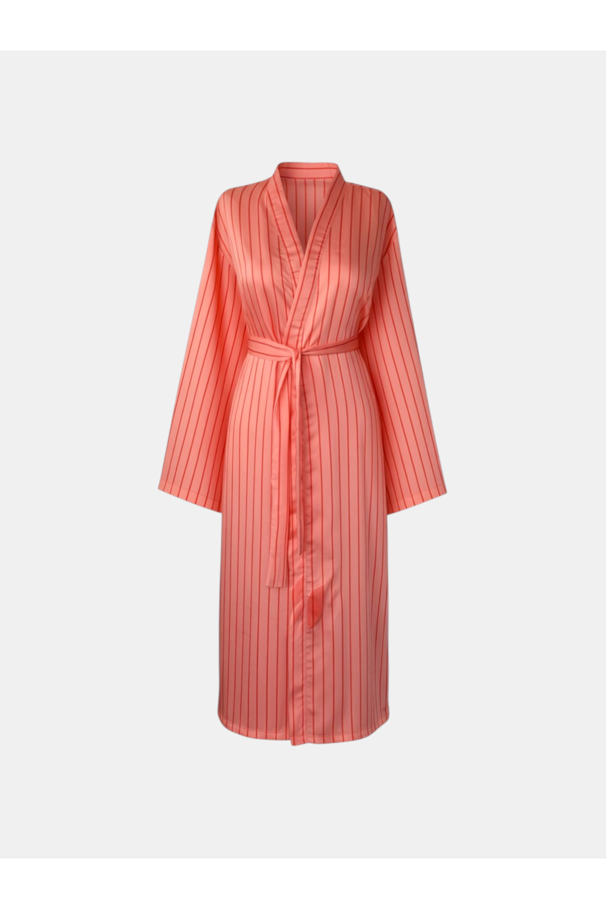 Somon Kırmızı Çizgili Uzun Kadın Kimono | 888Balance 2