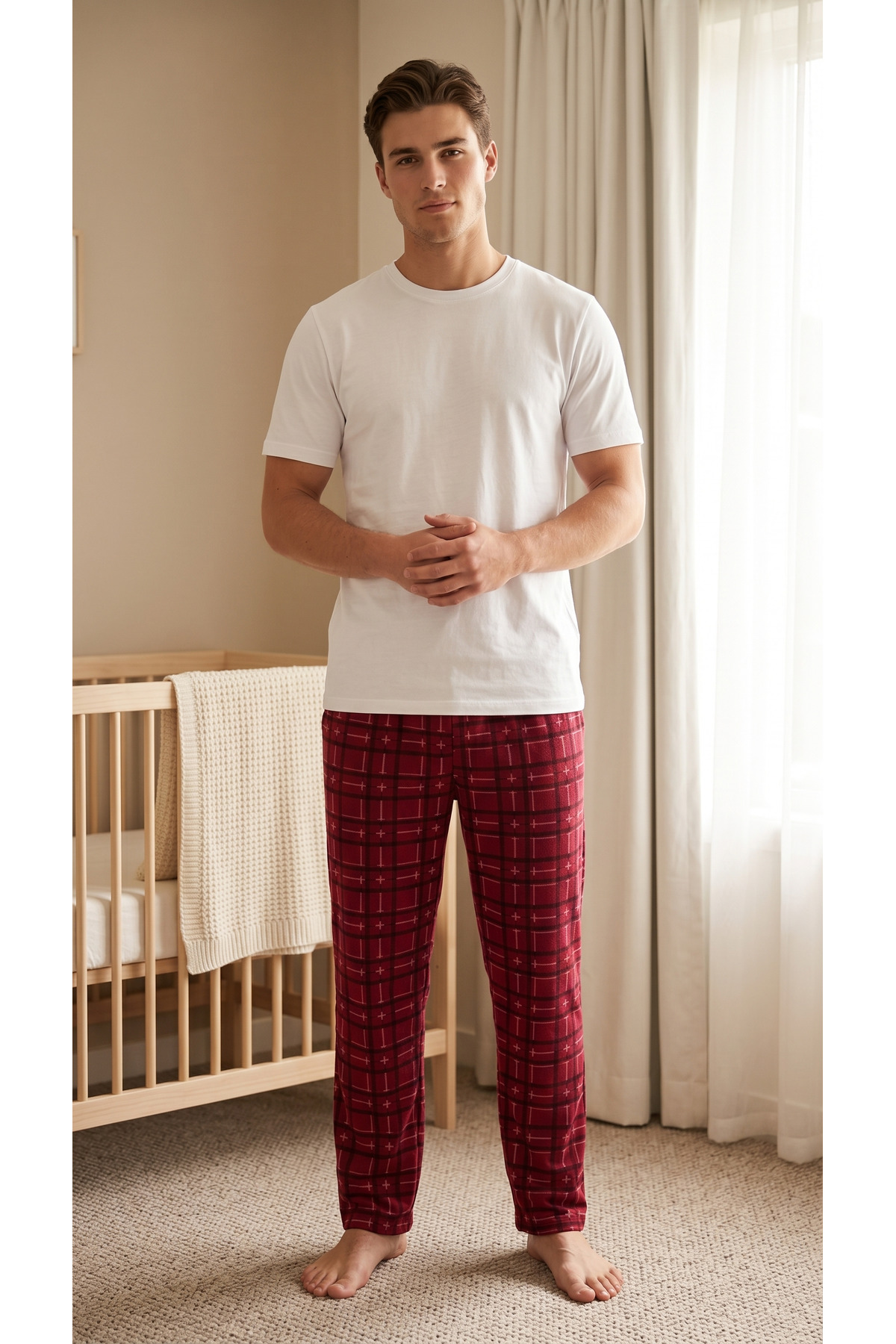 Sude HOMEWEAR Erkek Bordo Renk Ekose Desenli Alt Pijama görsel 2