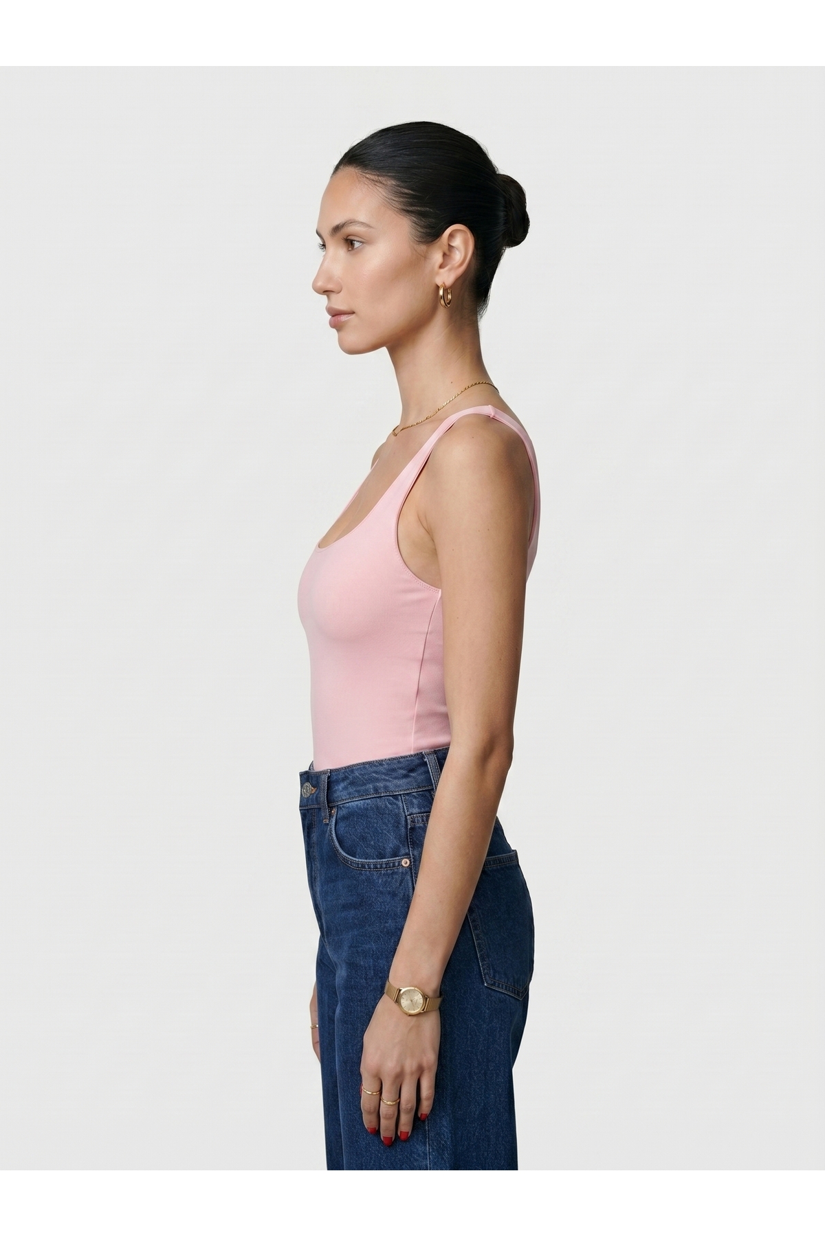 Kadın Kare Yaka Kalın Askılı Çıtçıtlı Body Slim Fit Dar Kalıp Likralı Bodysuit - Pembe 3