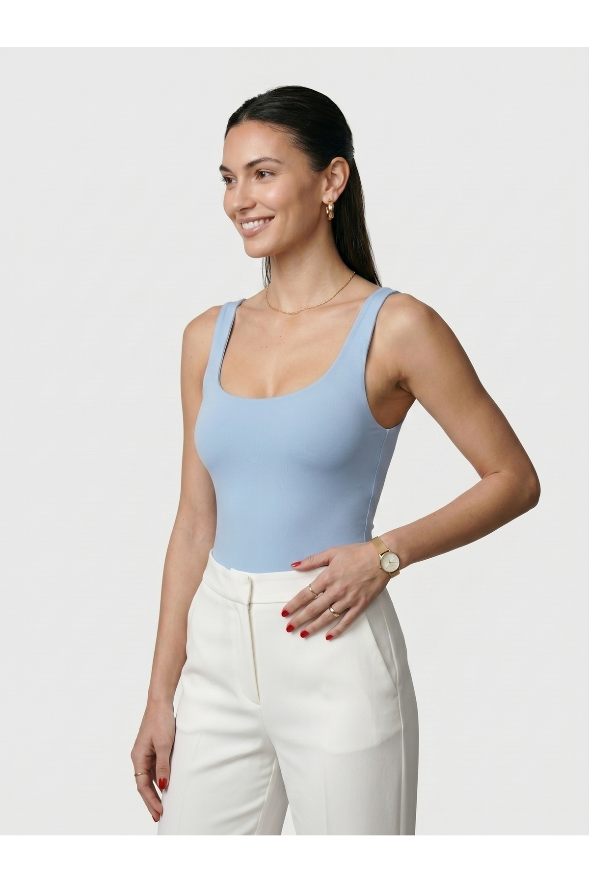 Kadın Kare Yaka Kalın Askılı Çıtçıtlı Body Slim Fit Dar Kalıp Likralı Bodysuit - Mavi 3