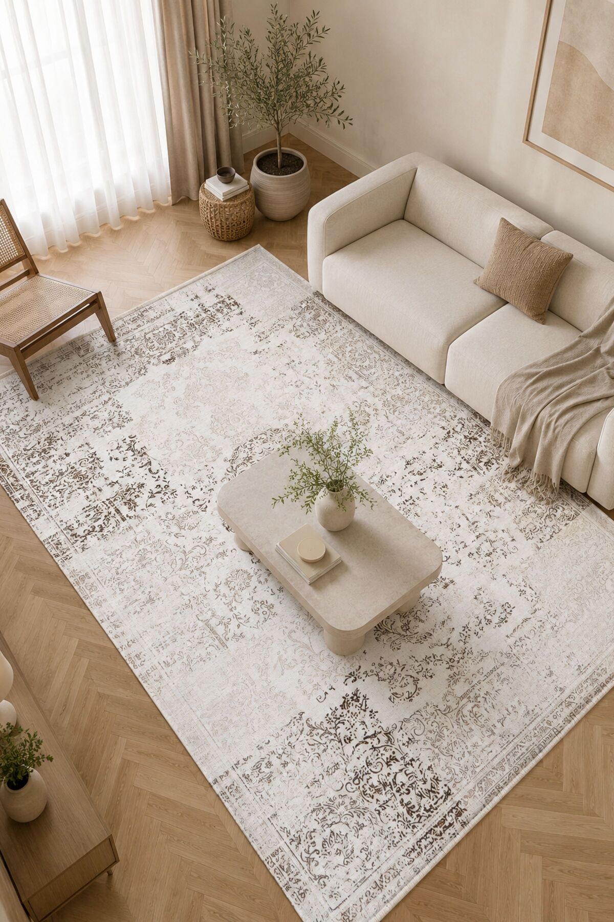 Talya Series Cream Retro Washable Non-Slip Base Chenille Living Room Rug Runner Rug 7218