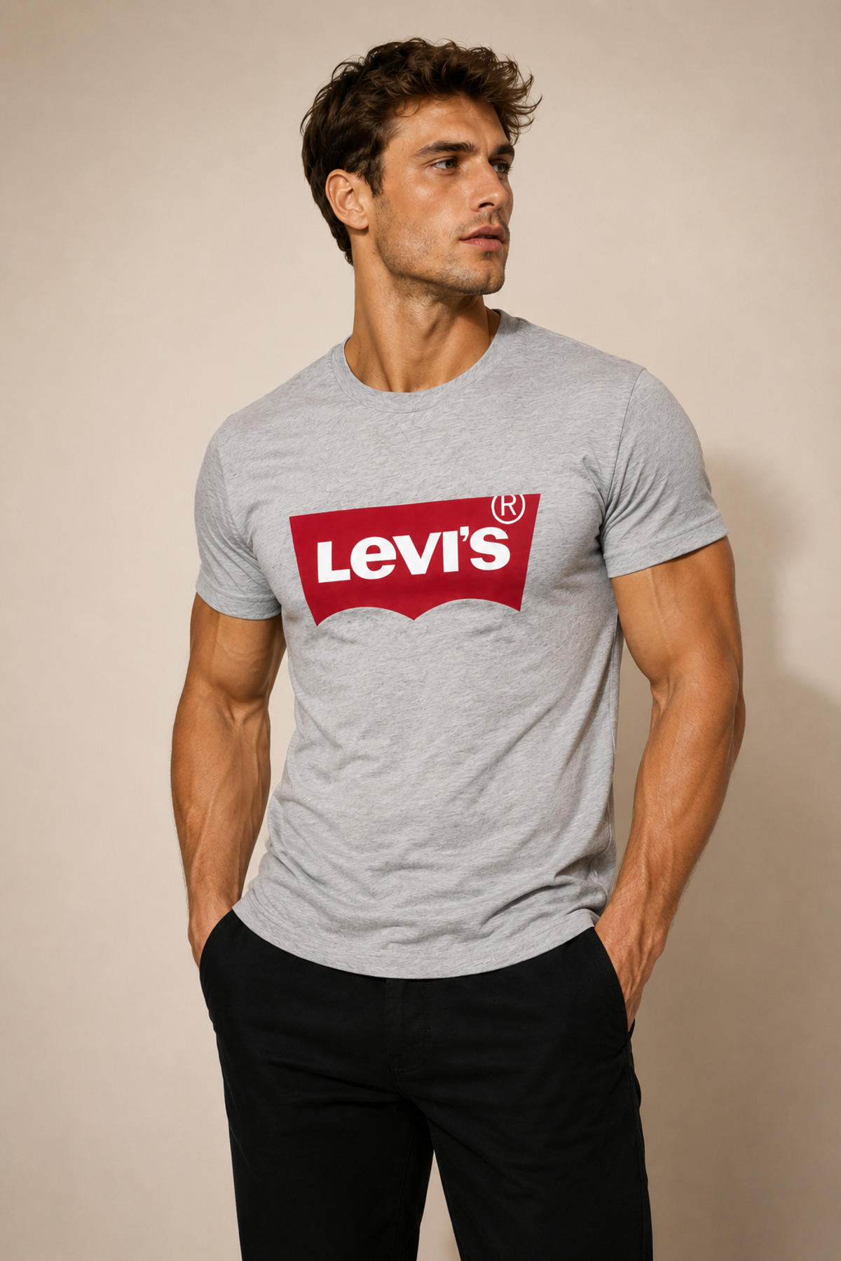 تی‌شرت مردانه خاکستری طرح‌دار یقه هفت طرح‌دار از جنس پنبه خالص لیوایز تی شرت Levi's