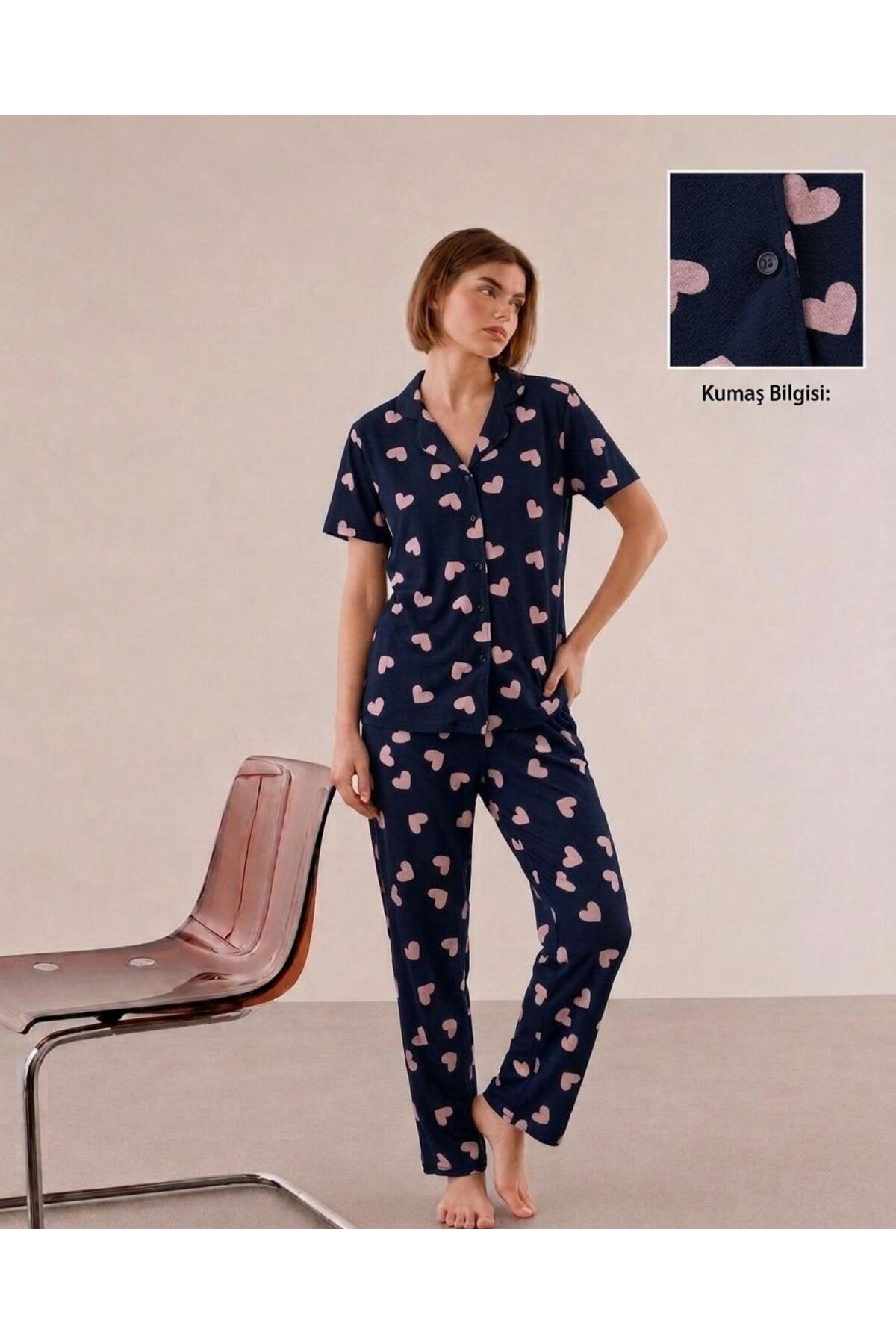 FAMES PİJAMA Navy Blue Large Heart Patterned Pajama Set