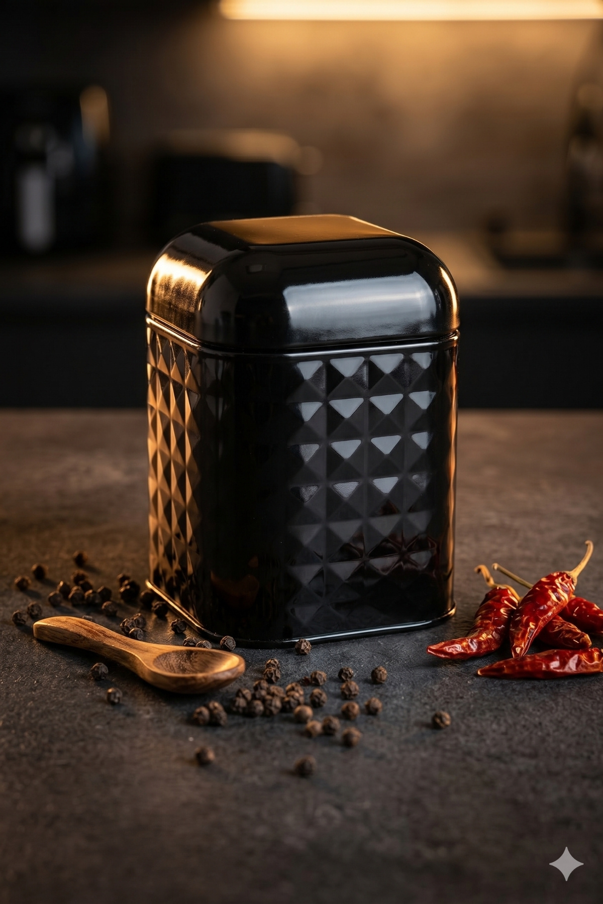 Siyah Toz Boyalı Prizma Desenli Kare Metal Saklama Kabı - 1.3 Lt / 108x108x118 mm — Kare Kutular — görsel 4 / 4 — Tinbox