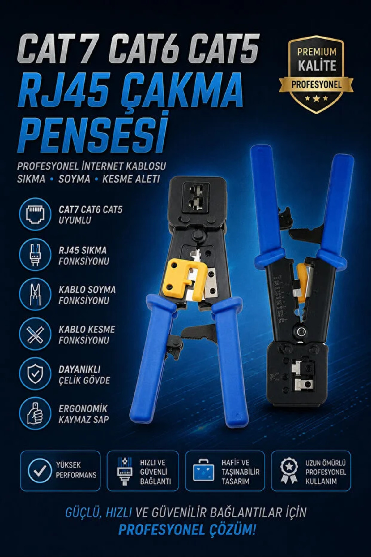 MAVİ UZUN PENSE & CAT5/CAT6/CAT7 RJ45 Uyumlu, Çelik Gövdeli Profesyonel Kablo Sıkma, Soyma ve Kesme Pensesi - Ergonomik Kaymaz Saplı Güçlü Ağ Bağlantı Se