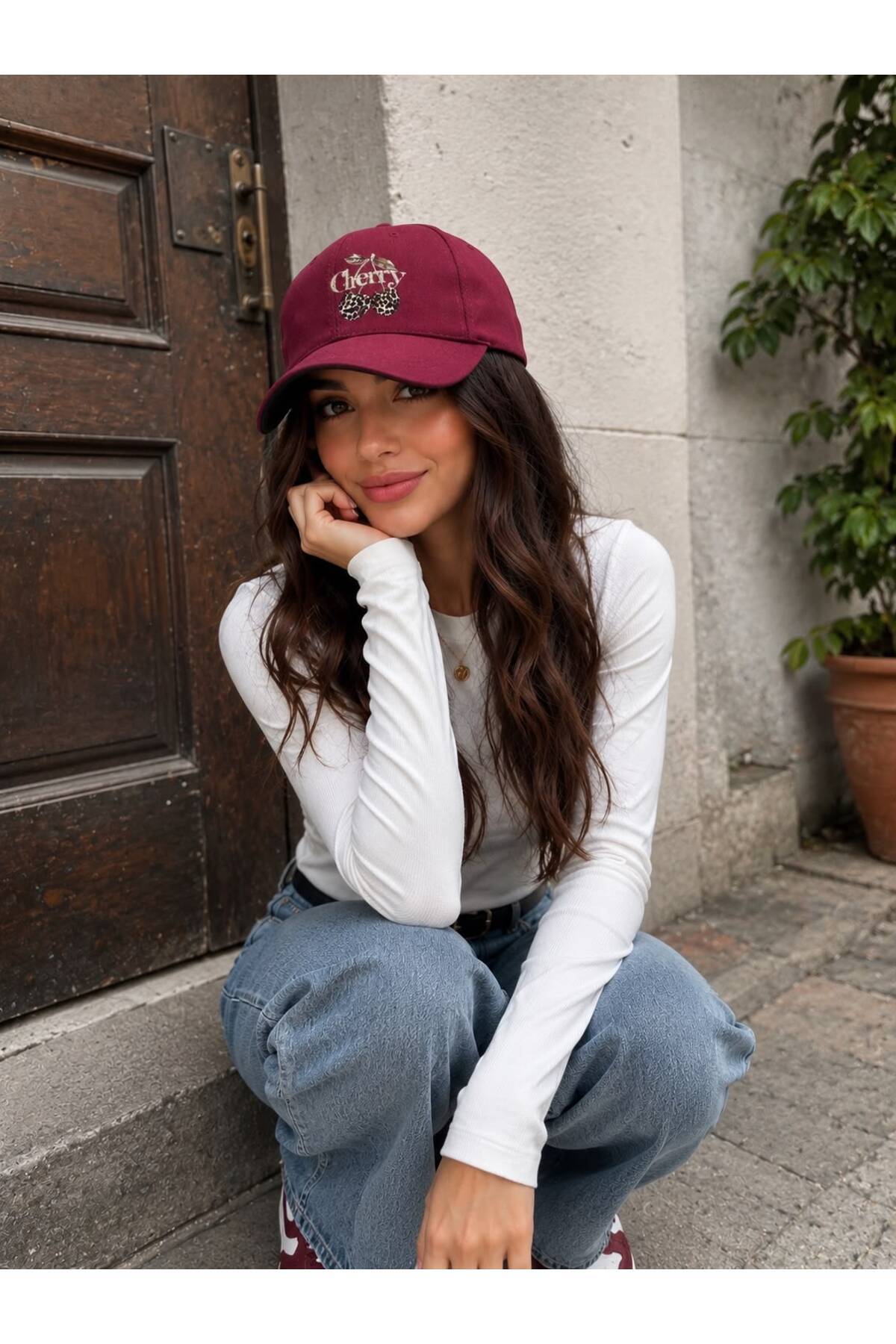 sf collection Cherry Baskılı Kadın Spor Şapka - Ayarlanabilir Pamuklu Cap görsel 2