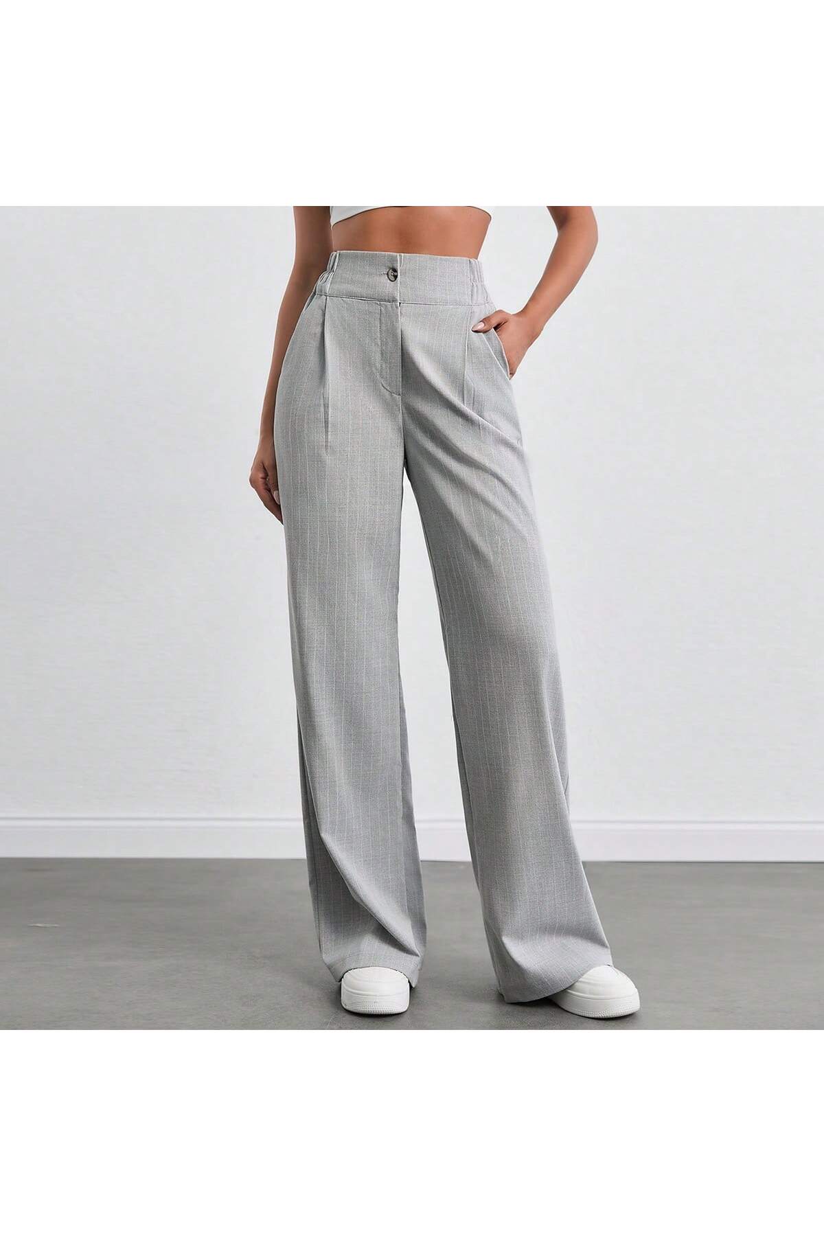 tuzu moda KADIN PANTOLON ÇİZLİGİLİ POLİVİSKON PANTOLON PALAZZO PANTOLON ARKA LASTİKLİ PANTOLON görsel 5