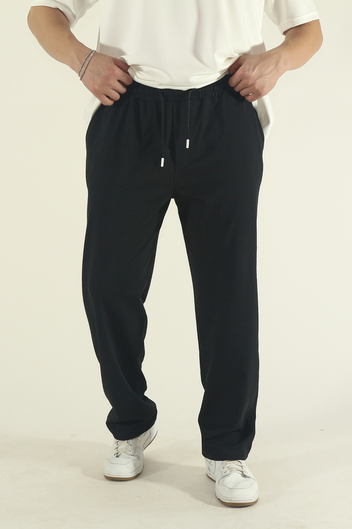STRAVON Erkek Siyah Baggy Oversize Relaxed 4 Mevsim Eşofman Altı Bol Paça 2 İplik Tam Kalıp görsel 7