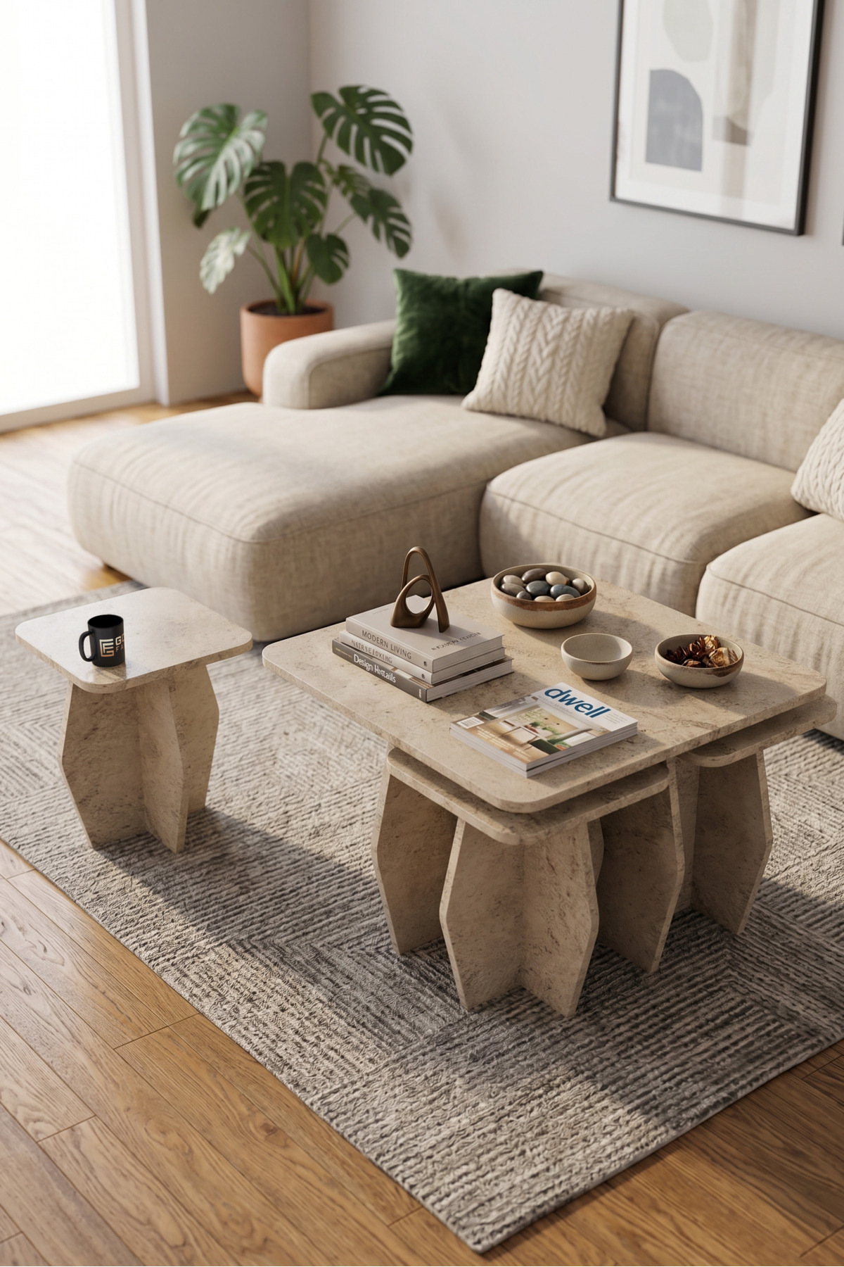 Orta Sehpa Ve Zigon Sehpa 5'li Set Modern Çok Amaçlı Salon Oturma Odası Yan Sehpa 9249 Traverten görsel 5