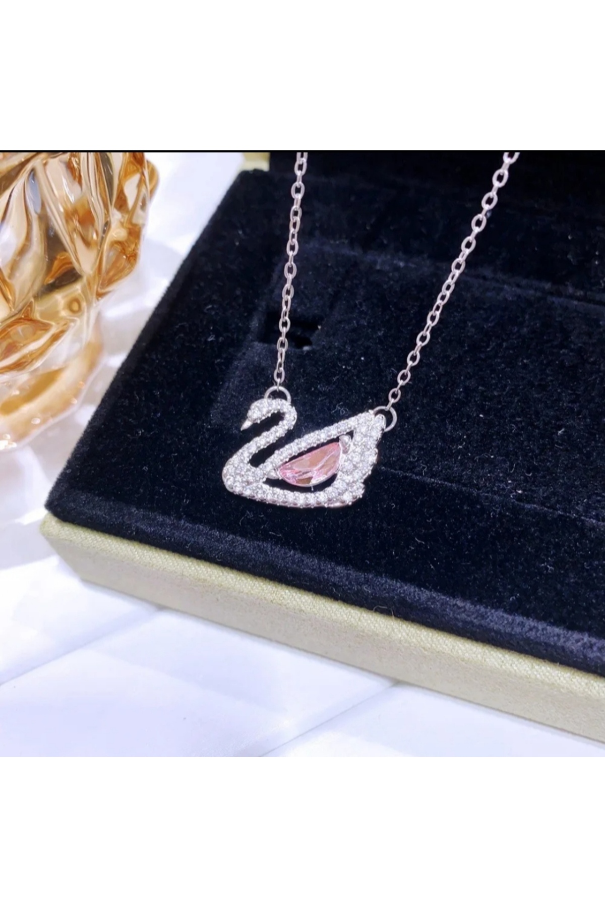 Umrece Silver Kuğu Model Pembe Taşlı Çelik Kolye görsel 2