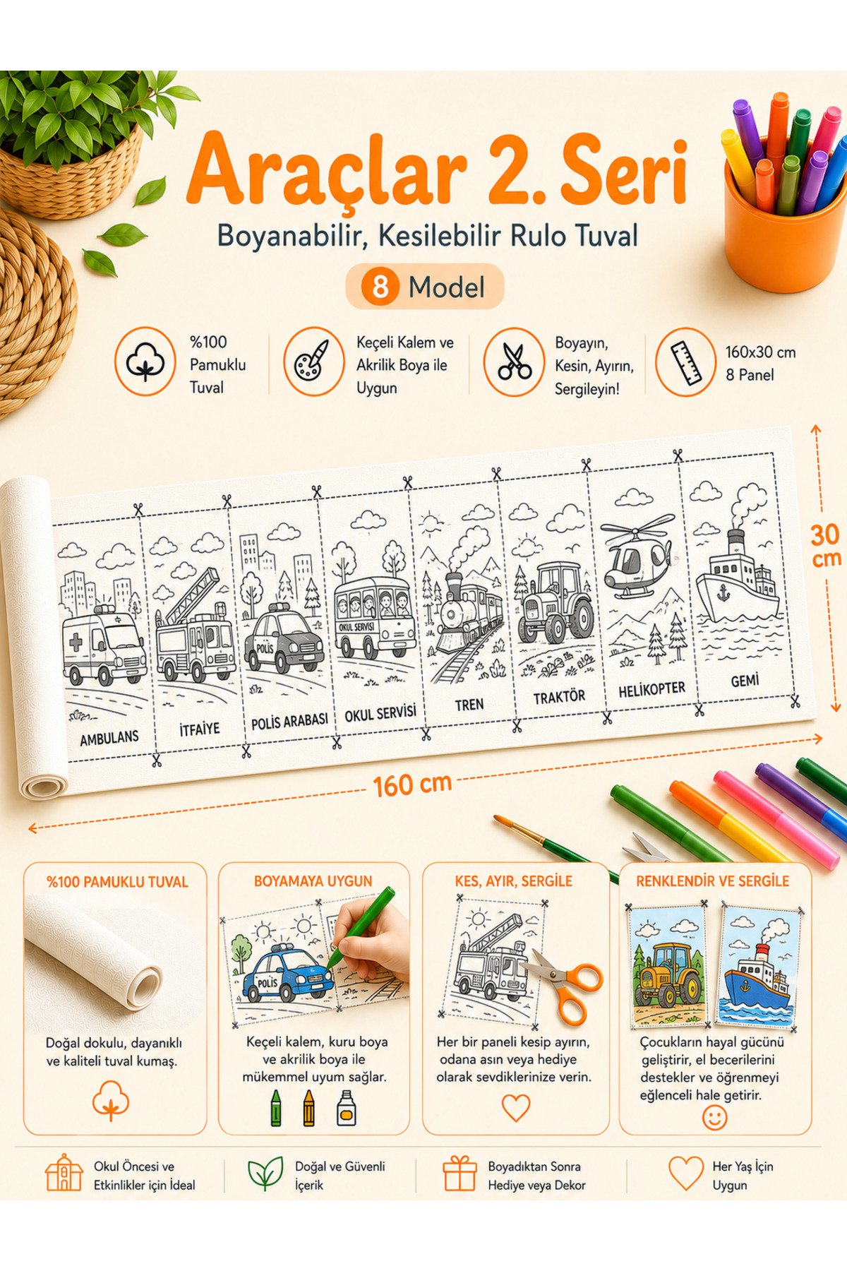 Boyanabilir Kesilebilir Rulo Tuval Araçlar 2. Seri 8 Model Çocuk Boyama Seti 160x30 cm