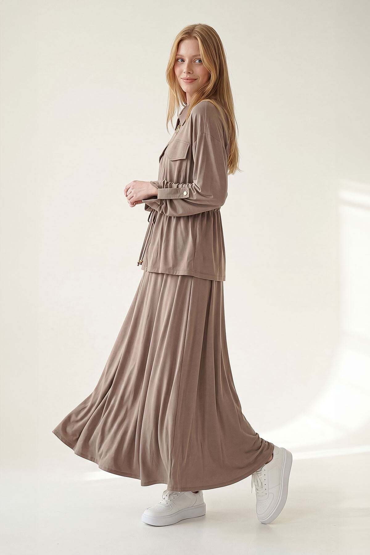 Levidor Stone Waist Drawstring Detailed Skirt Set