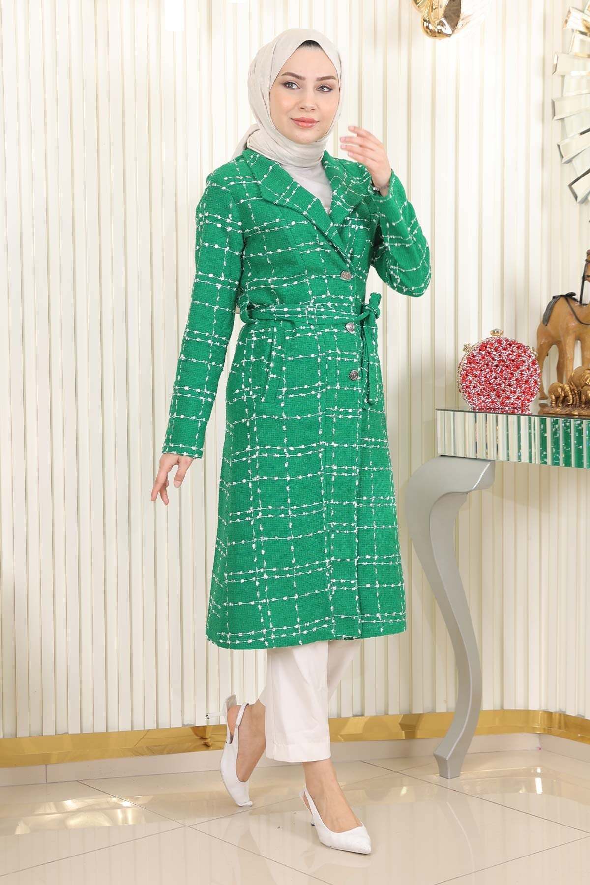 Missvalle Belt Detailed Buttoned Cuff Coat Emerald 19176- Trendyol