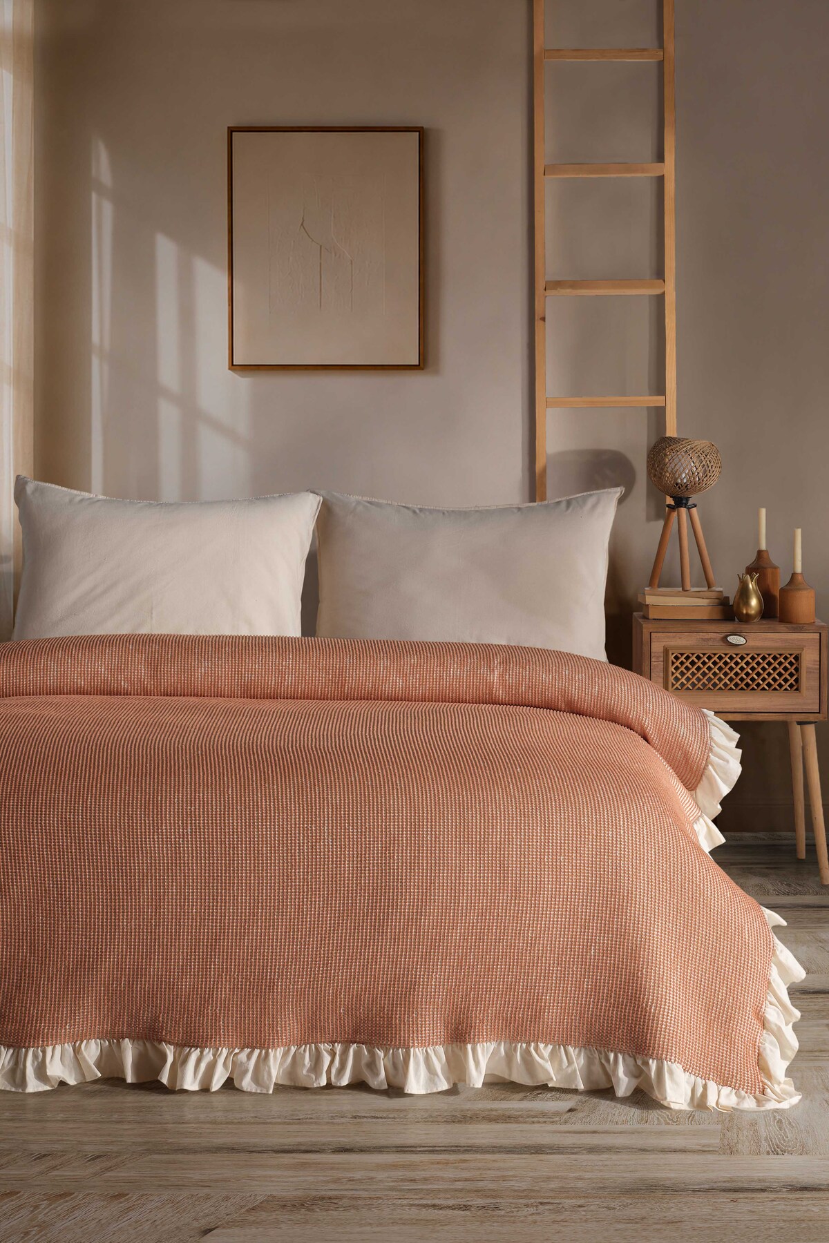 Doris 100% Cotton Ruffled Double Quilting-Bedspread 200x230 cm Salmon