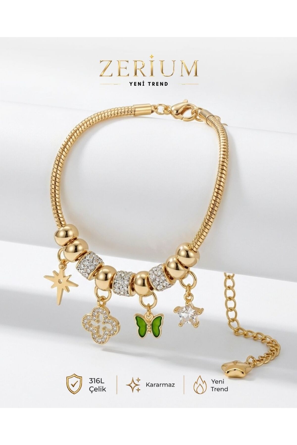 Women's Gold Steel Bracelet with Dangling Butterfly and North Star Charm