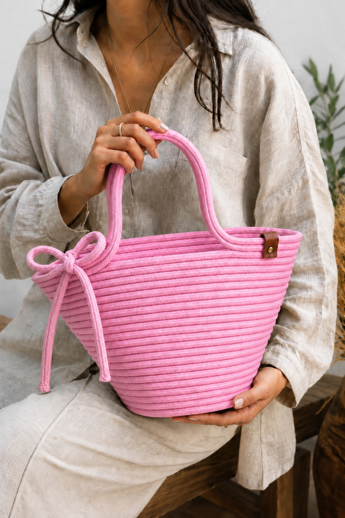 Lola Bowknot Detailed Wicker Handbag Natural Weave Summer Beach, Casual Stylish Design Bag