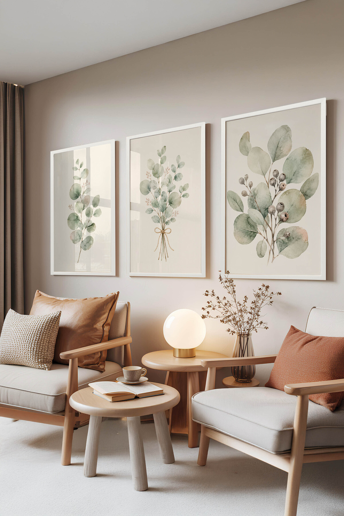 White Framed 3-Piece Picture Set, Elegant Eucalyptus Branch Watercolor Drawing, Living Room Set No: 30171