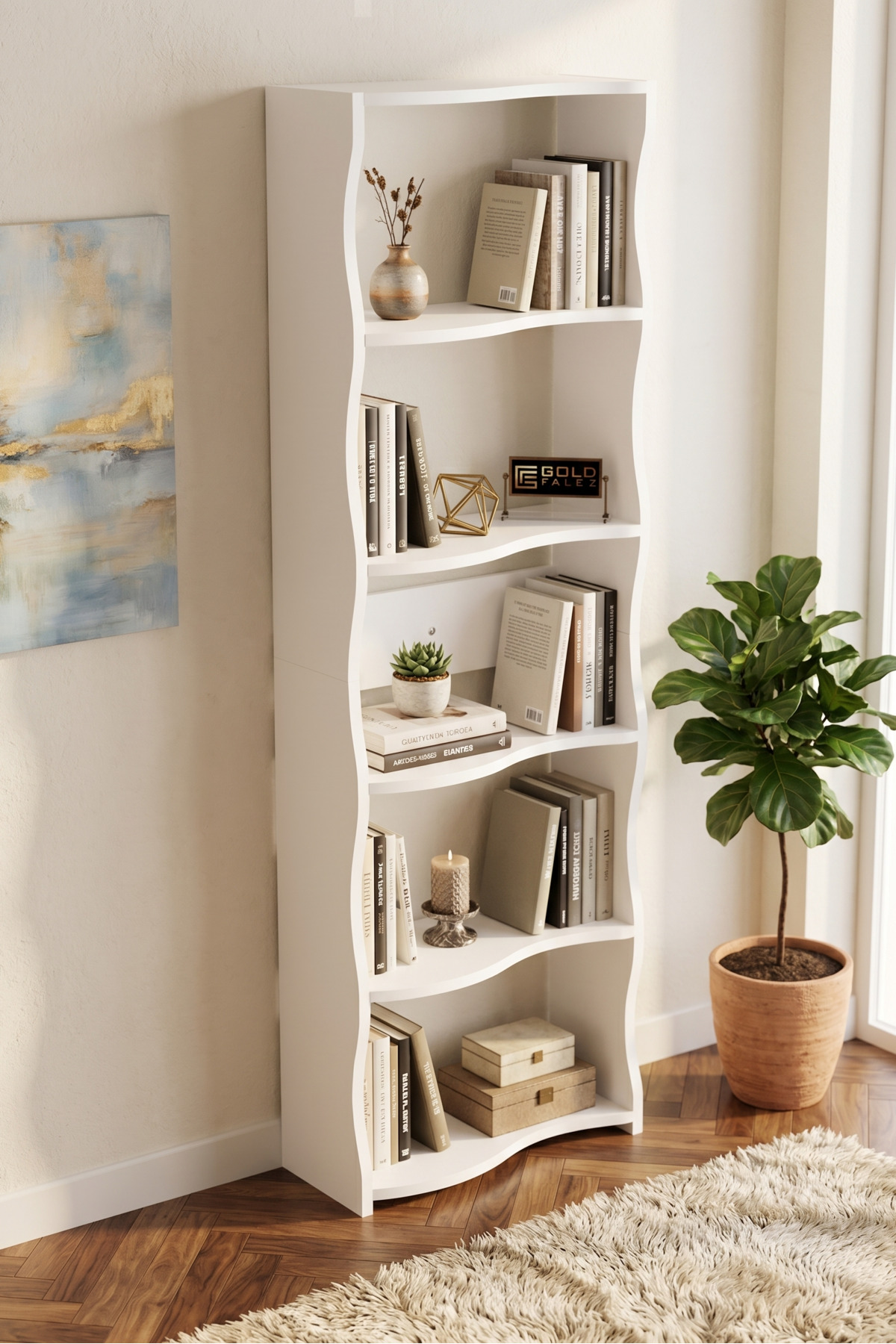 Kitaplık 5 Raflı Esinti Modern Çok Amaçlı Dekoratif Raf Ünitesi Geniş Kütüphane Ofis Kitaplığı 7081 Beyaz görsel 4