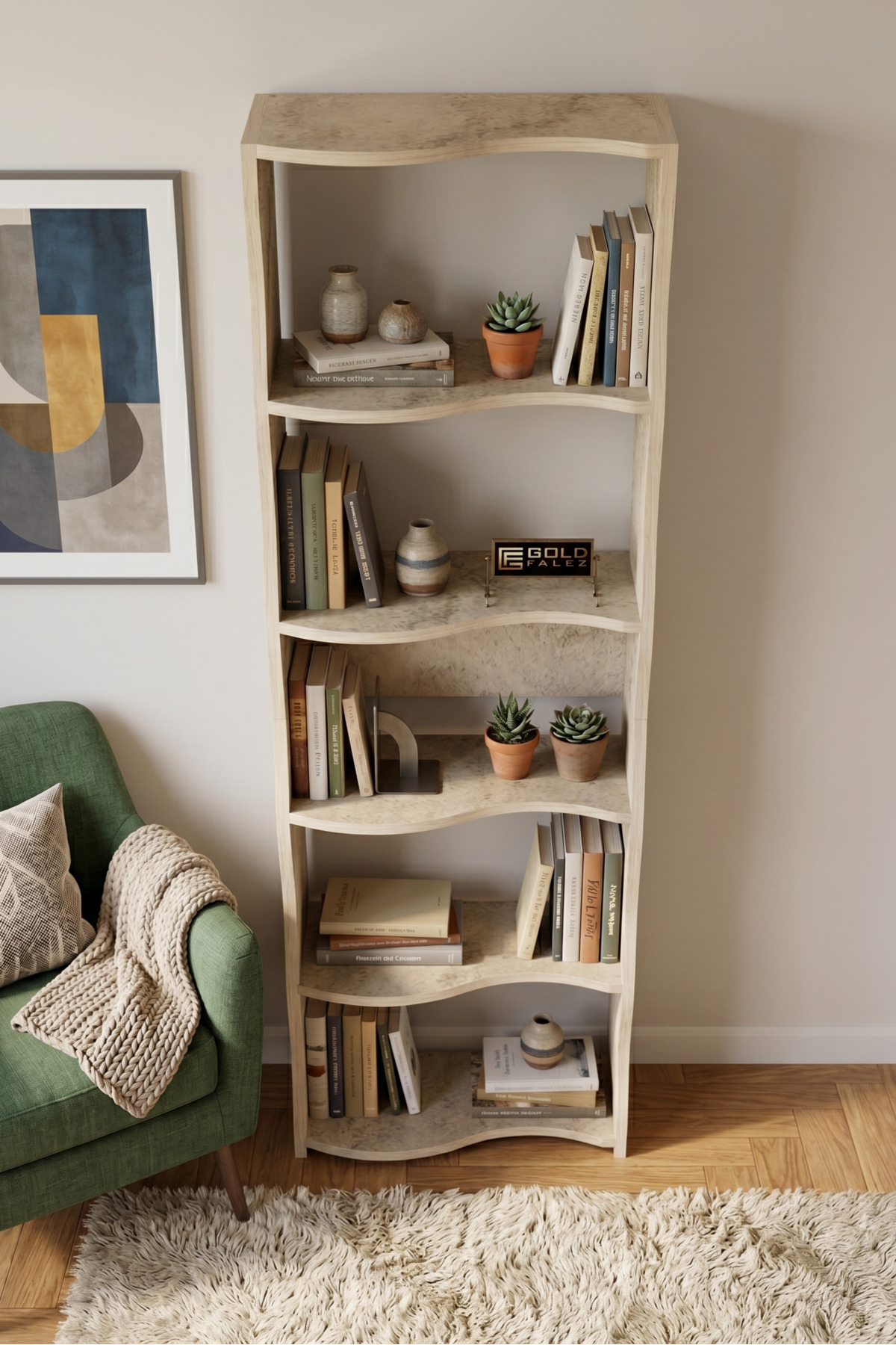 Kitaplık 5 Raflı Esinti Modern Çok Amaçlı Dekoratif Raf Ünitesi Geniş Kütüphane Ofis Kitaplığı 7082 raverten