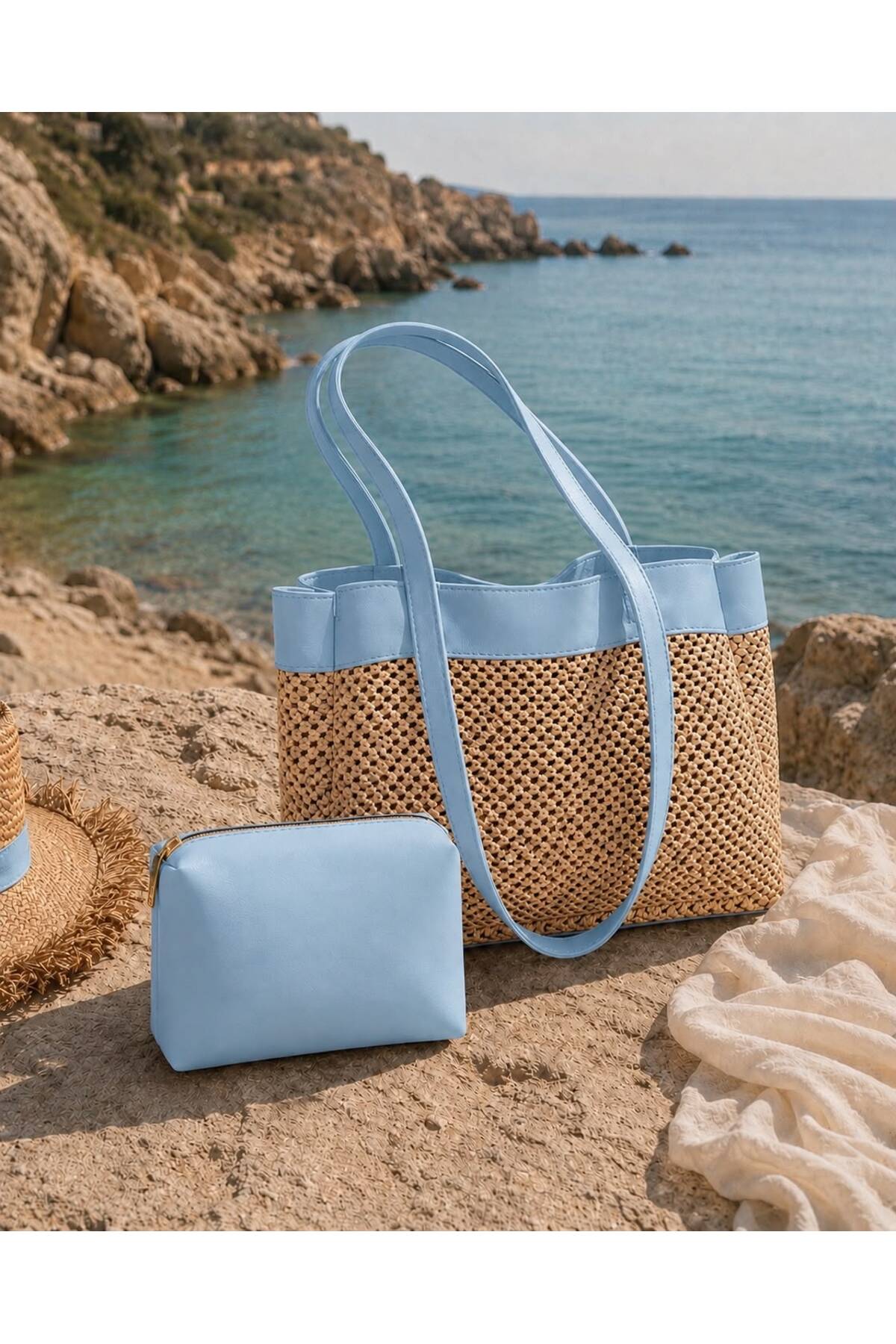 ValeriaBag Summer Time Plaj Çantası + Değerli Eşya Çantası Mavi