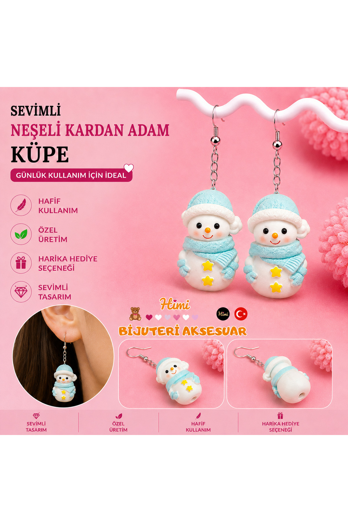 Neşeli Mavi Şapkalı Kardan Adam Figürlü Sallantılı Küpe Hafif Tasarım Günlük Kullanım Bijuteri Çocuk Küpesi
