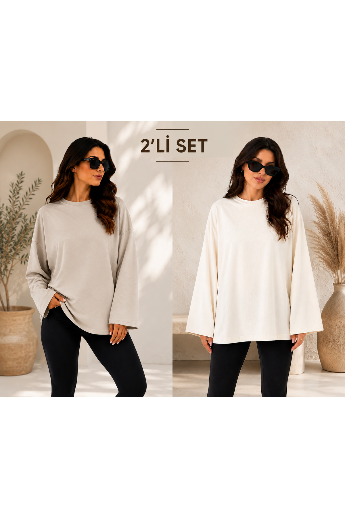 ELİSSE Women's Set of 2 Oversize Basic Long Sleeve T-Shirts Beige Cream Loose Comfortable Fit