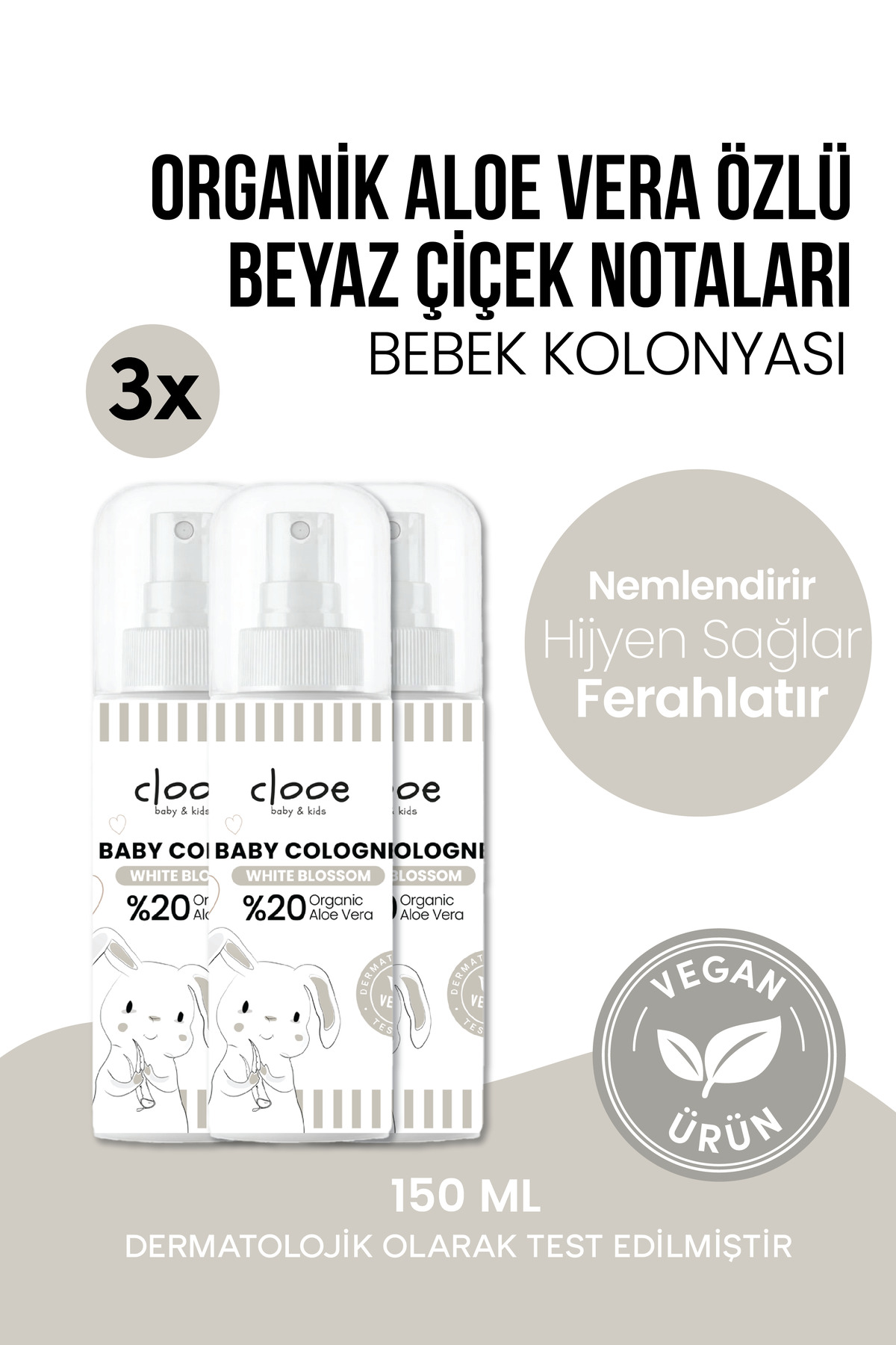 clooe 3'lü Bebek Kolonyası White Blossom 150 ml - Beyaz Çiçek Notalı - Organik Aloe Vera Özlü - Vegan - Hızlı Kuruyan — PKA090