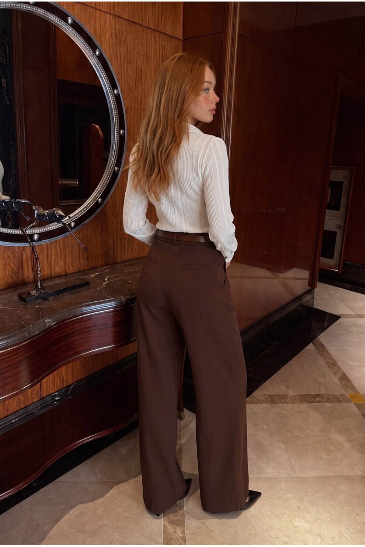 Kemerli Oversize Geniş Paça Palazzo Kumaş Pantolon KAHVE 3