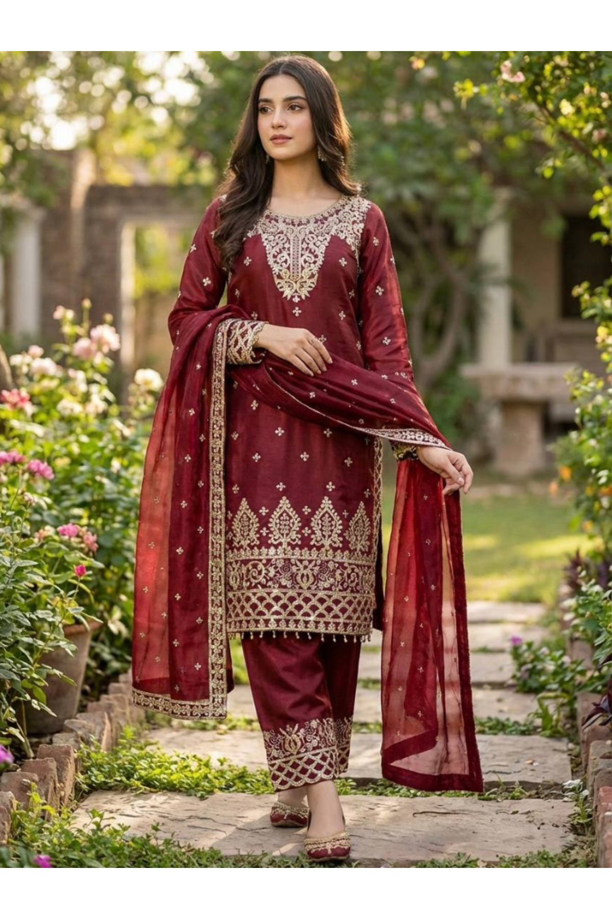 MYSMAR Maroon Silk Kameez Salwar & Dupatta - FFT6799 | Maroon-Size:L-40-Inches