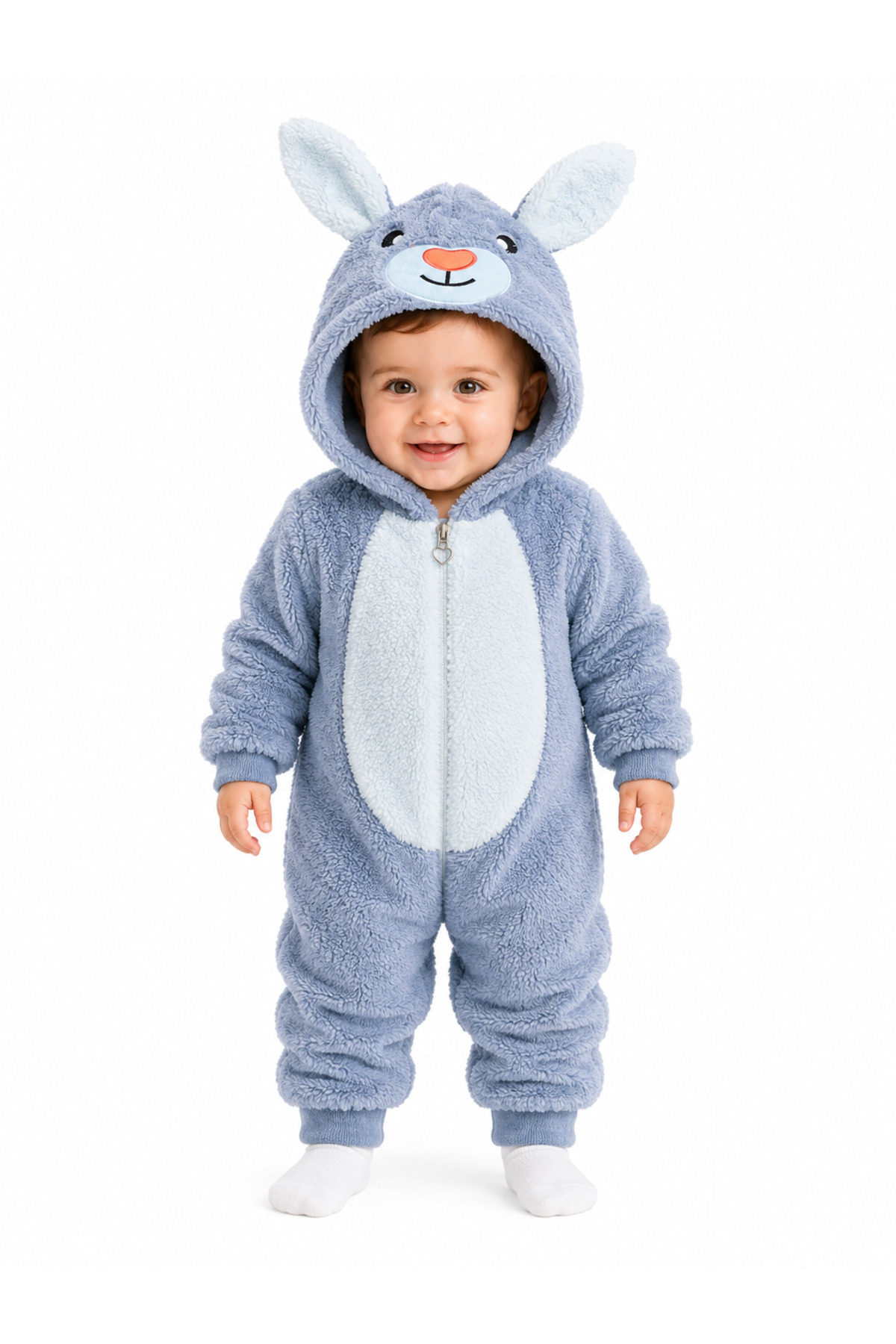 Tatlı Tavşan Desenli Welsoft Bebek Tulumu Kapüşonlu Peluş Fermuarlı Kışlık Unisex Bebek Tulumu