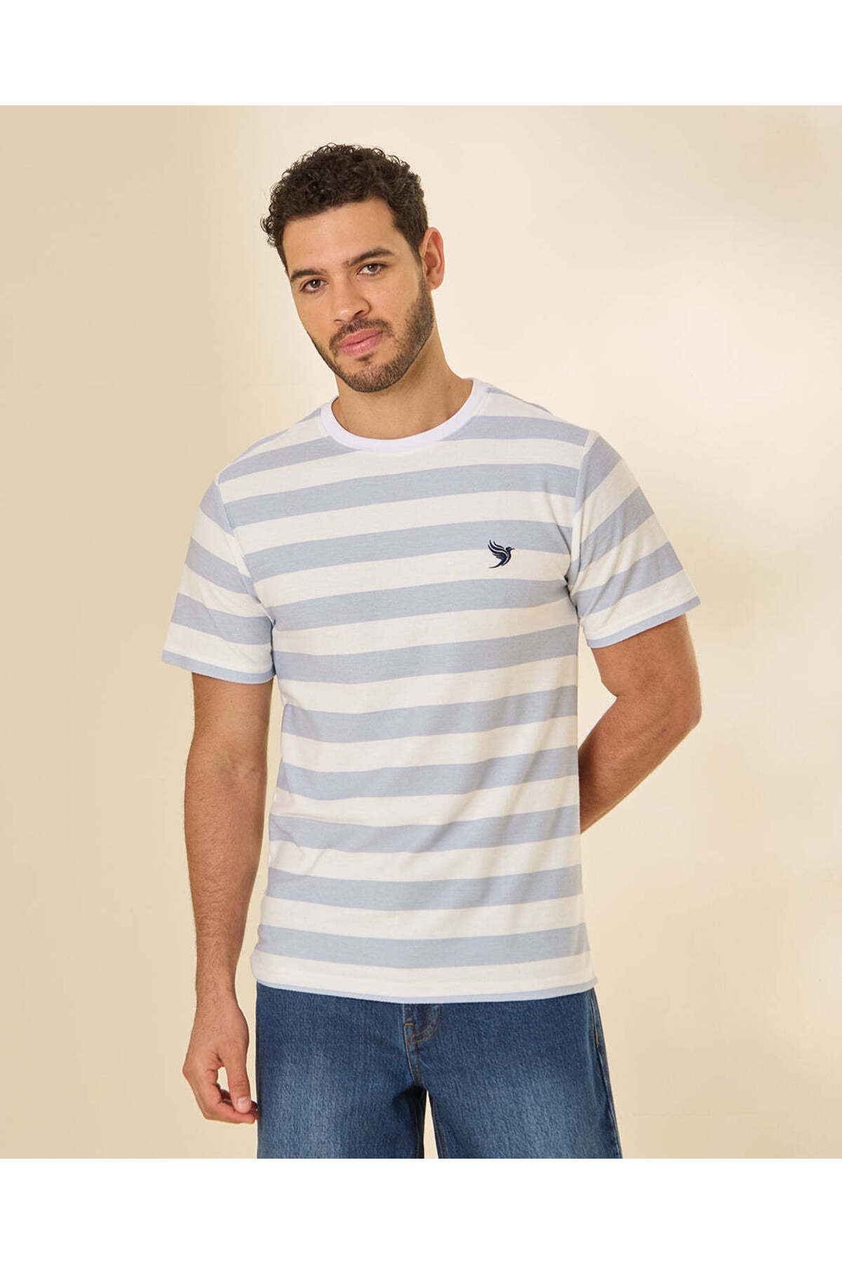 REDTAG Men White Striped Jacquard T-Shirt
