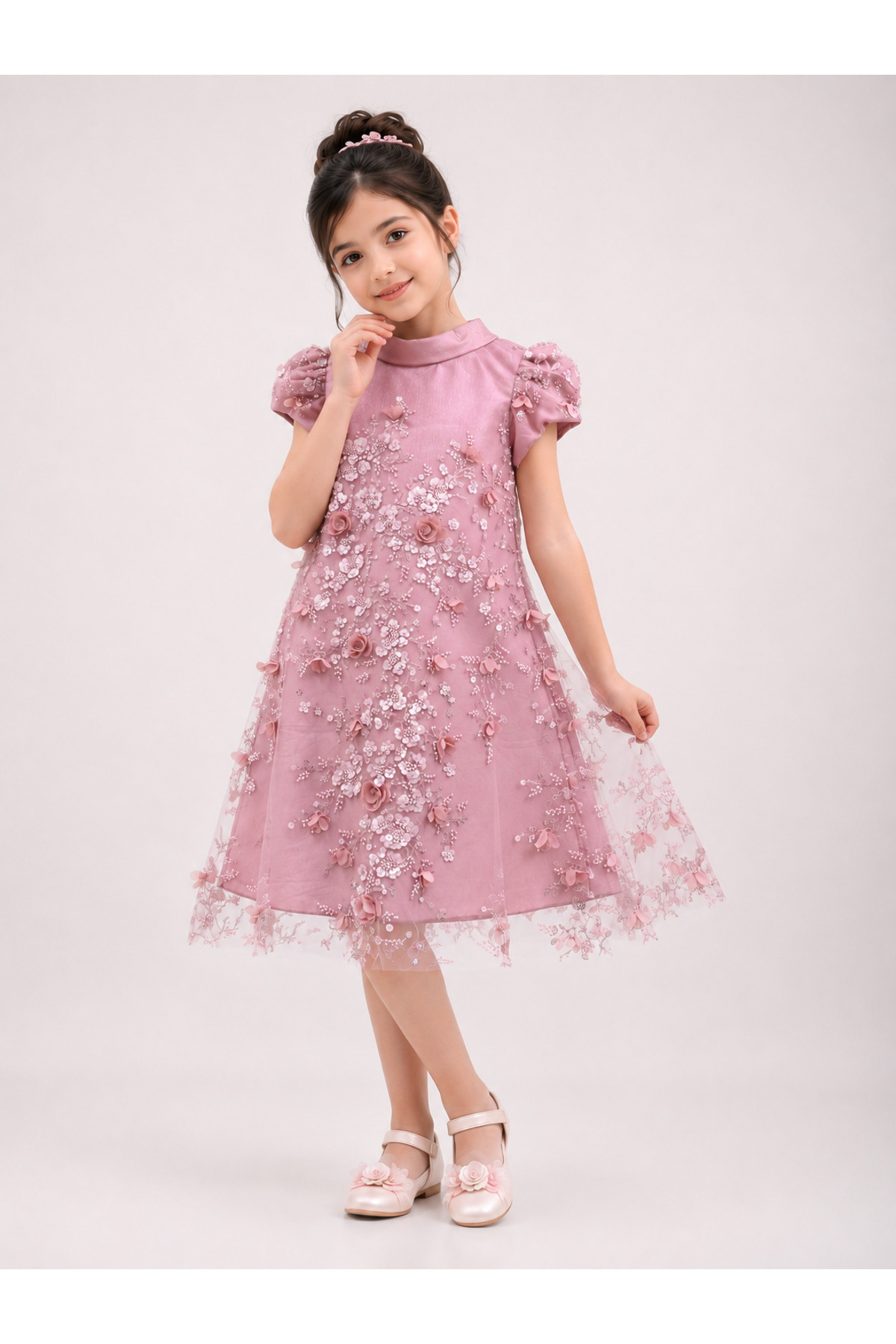 Girls Luxury 3D Floral Embellished Occasion Dress – Dusty Pink