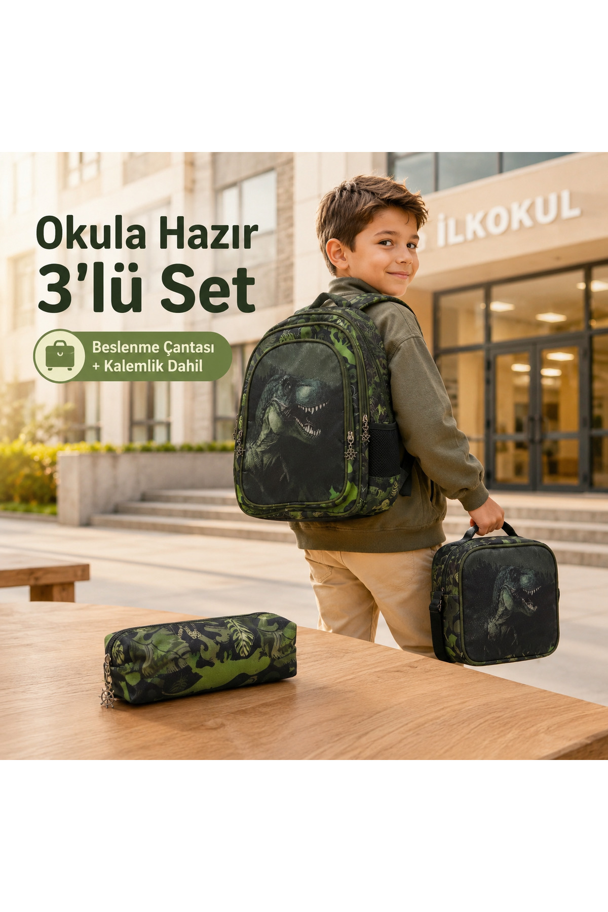 ZİVORA Dinosaur Patterned Boys' 3-Piece School Bag Set, Thermal Lunch Bag and Pencil Case