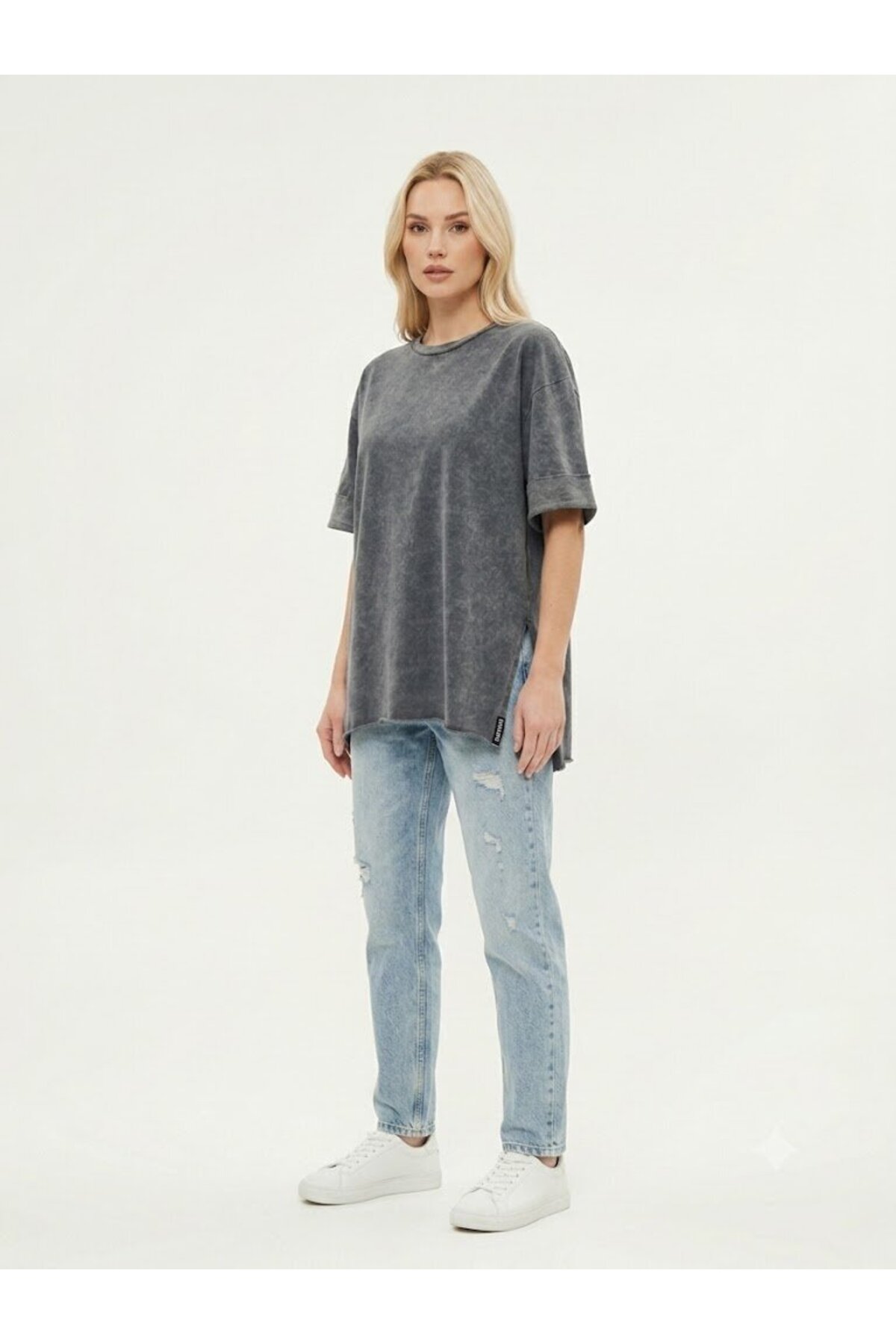 MOVİMENT Antrasit Asit Yıkama Duble Kol Geniş Kesim Asimetrik Yırtmaçlı Örme T-Shirt görsel 3