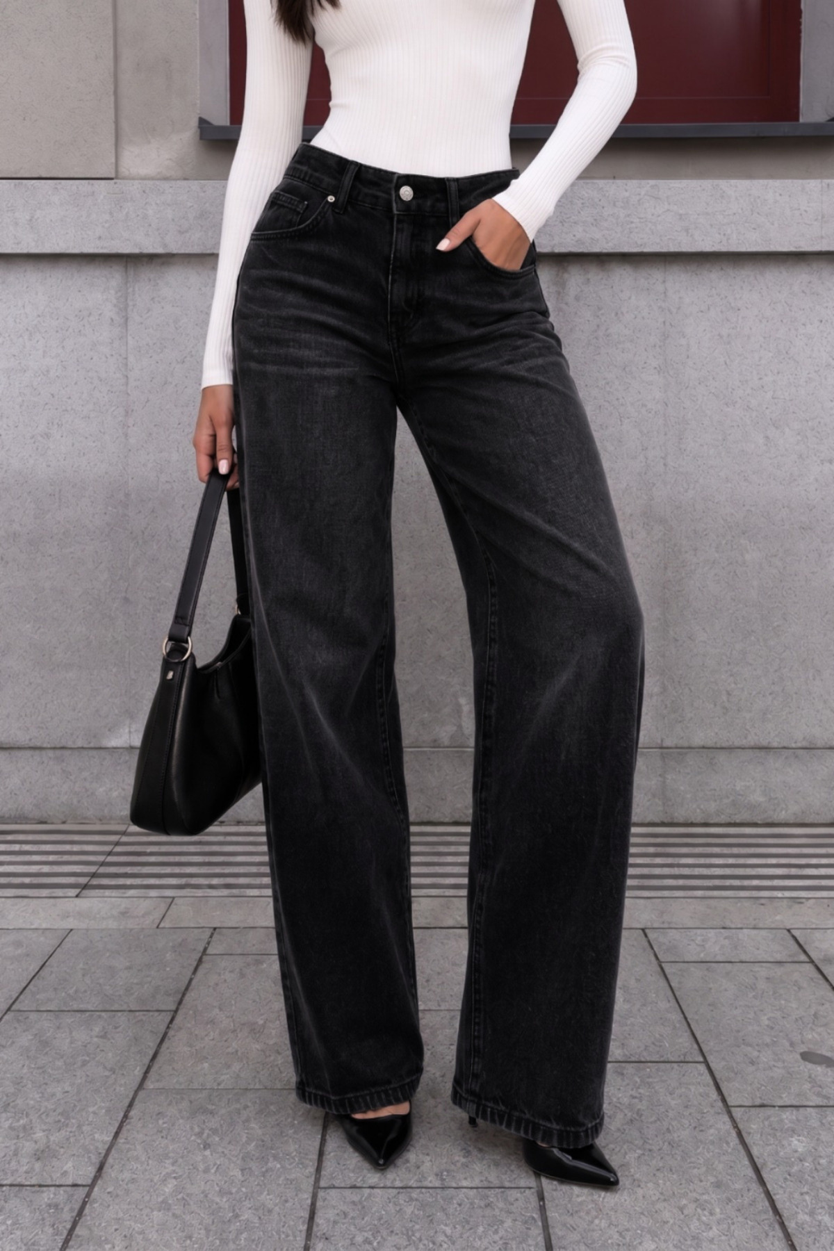 SİYAH EFEKTLİ Soluk Efekt Vintage Yüksek Bel Wide Leg Geniş Paça with Lycra Jeans 3