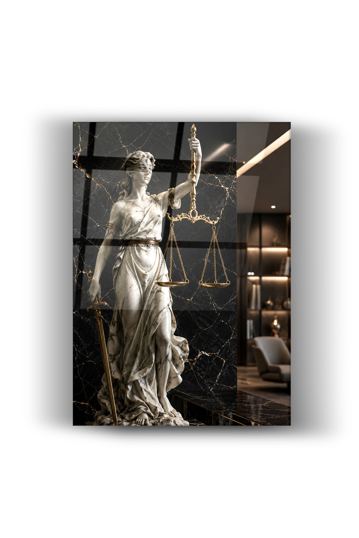 Cam Tablo Siyah Mermer Fonlu Themis Adalet Heykeli Hukuk Temalı Duvar Dekorasyonu