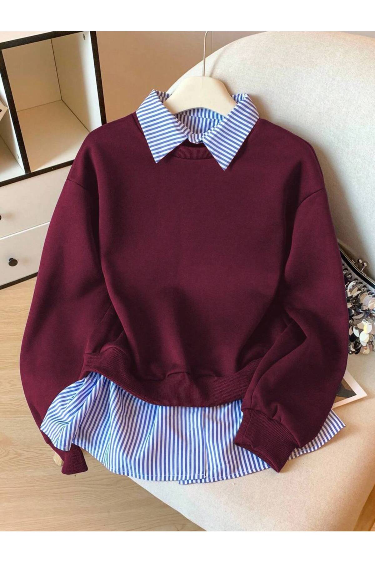 MOONBULL Kadın Çizgili Gömlek Yaka Detaylı Bisiklet Yaka 3 İplik Kalın Sweatshirt
